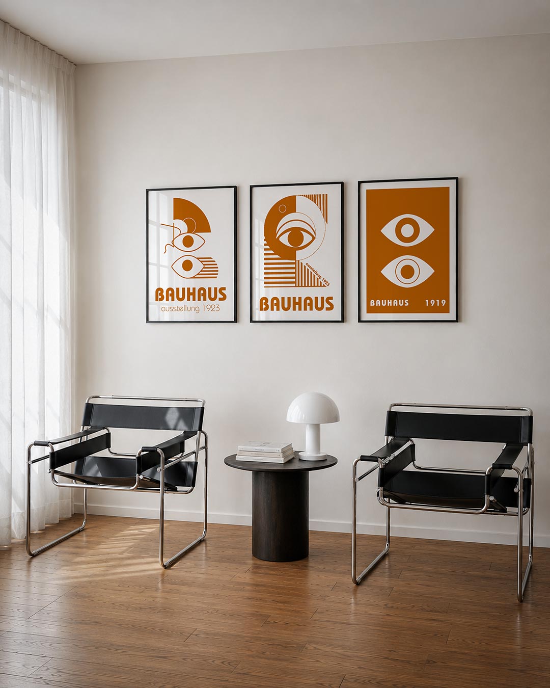 Oog en lijnen driedelige posterset – deze posterset in drie delen toont een speels lijnenspel met ogen en halve cirkels in