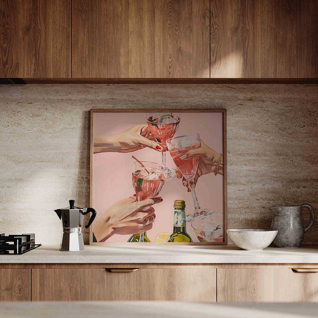 Drie glazen met roze drank – culinaire wandkunst als vierkante poster