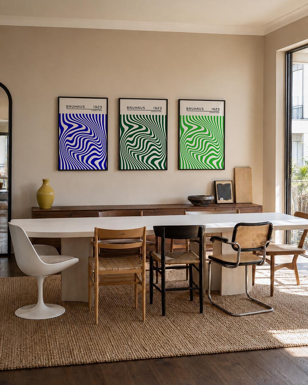 Golvend lijnenspel posterset – tweede productweergave – deze posterset in drie delen toont een dynamisch lijnenspel in blauw