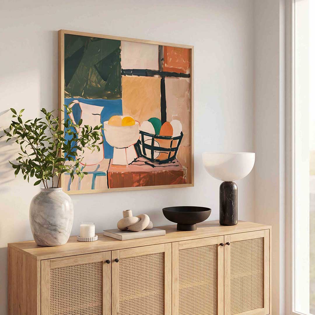 Stilleven met kan en fruit – kunst en design poster in vierkant formaat