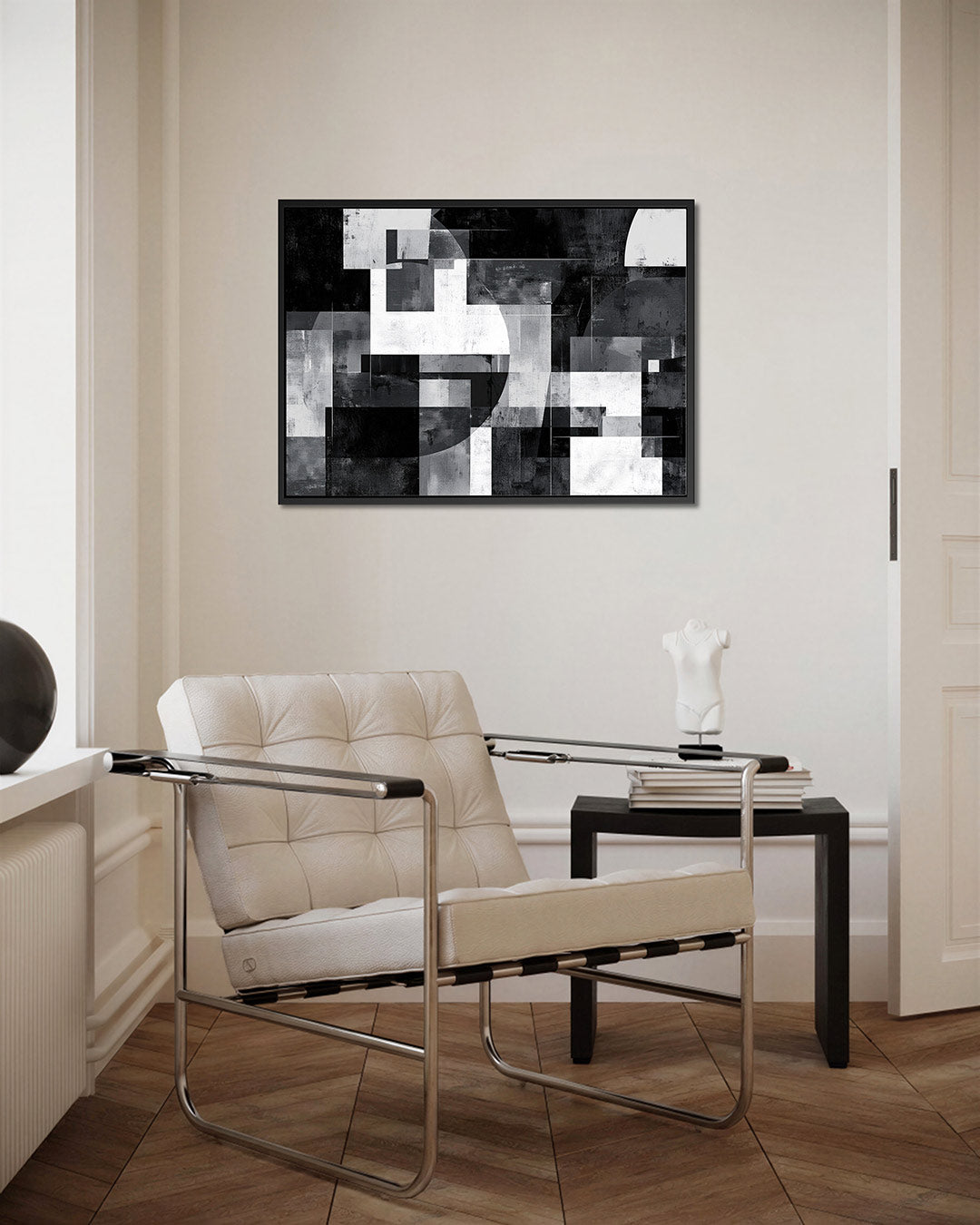 Geometrische vormen compositie – Zwart-wit – kunstwerk op canvas, dibond of plexiglas