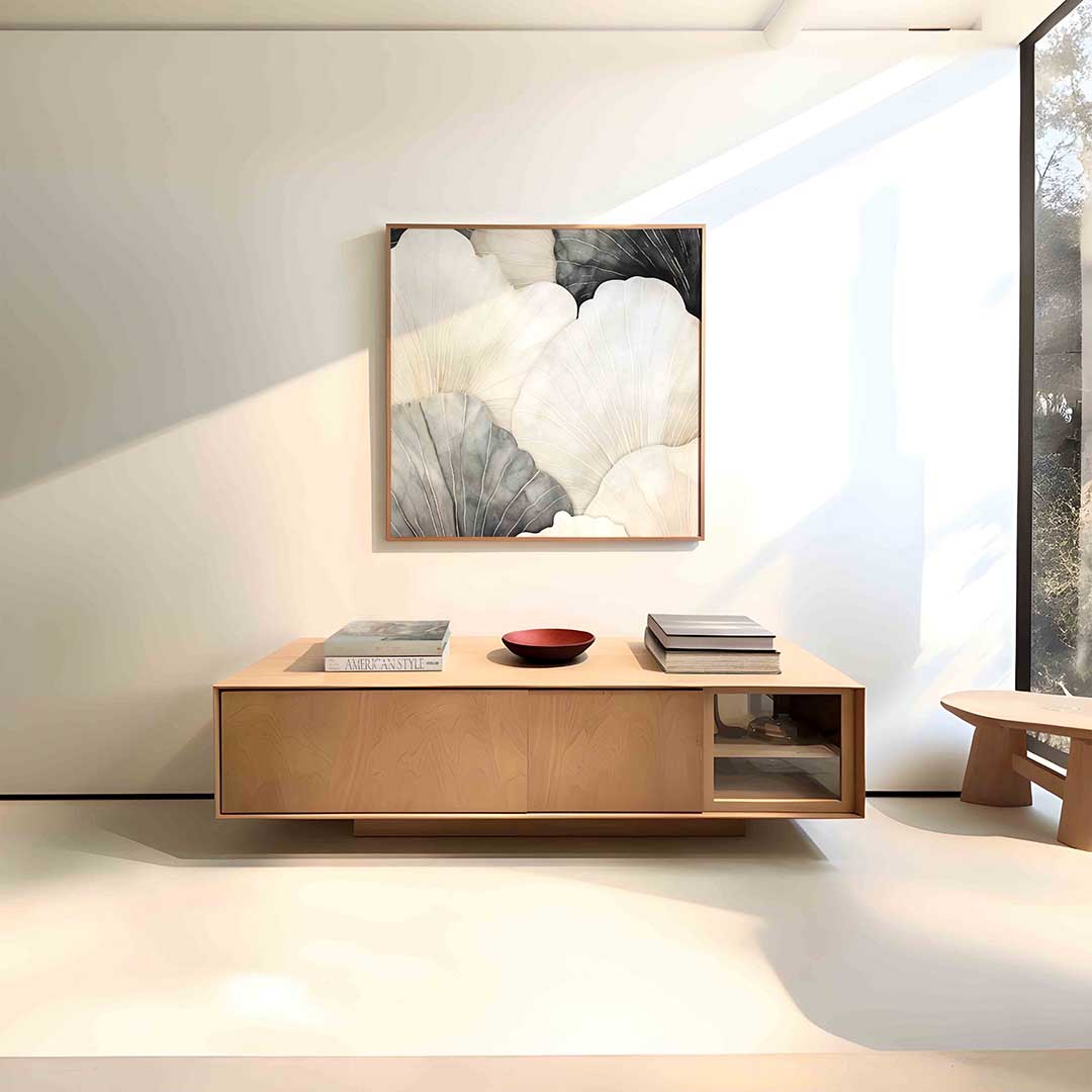 Bloemvormen in neutrale tinten – vierkante zachte abstracte wanddecoratie van WallArtistic