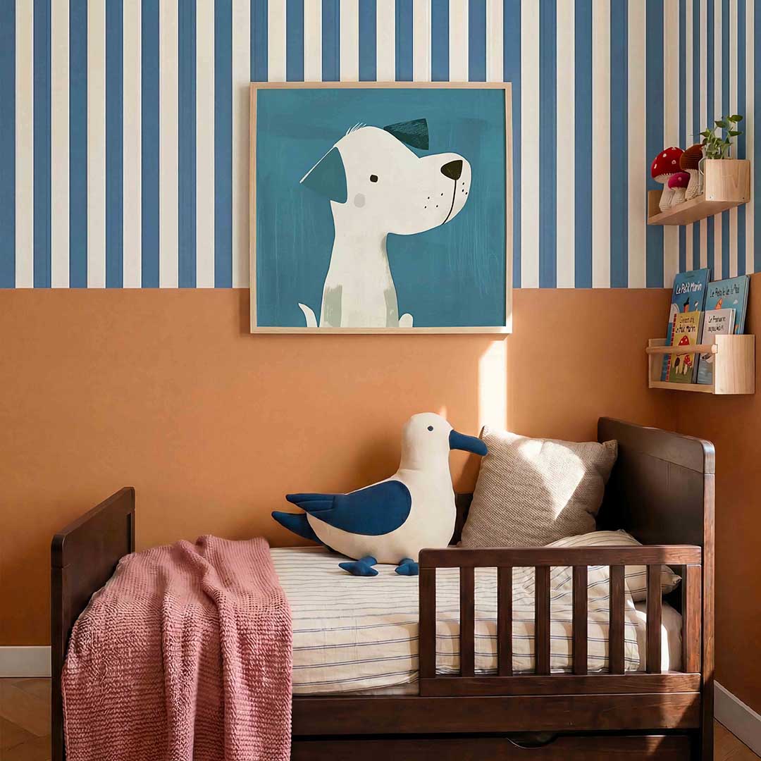 Hond met blauwe achtergrond – kids poster in vierkant formaat
