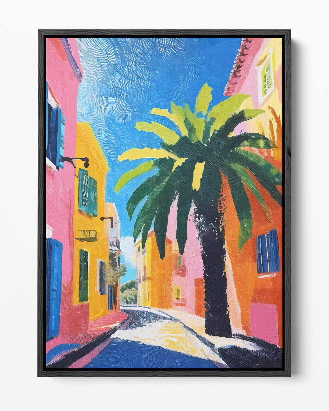 Zomerse Straat met Palmboom – portret kunstwerk als wanddecoratie