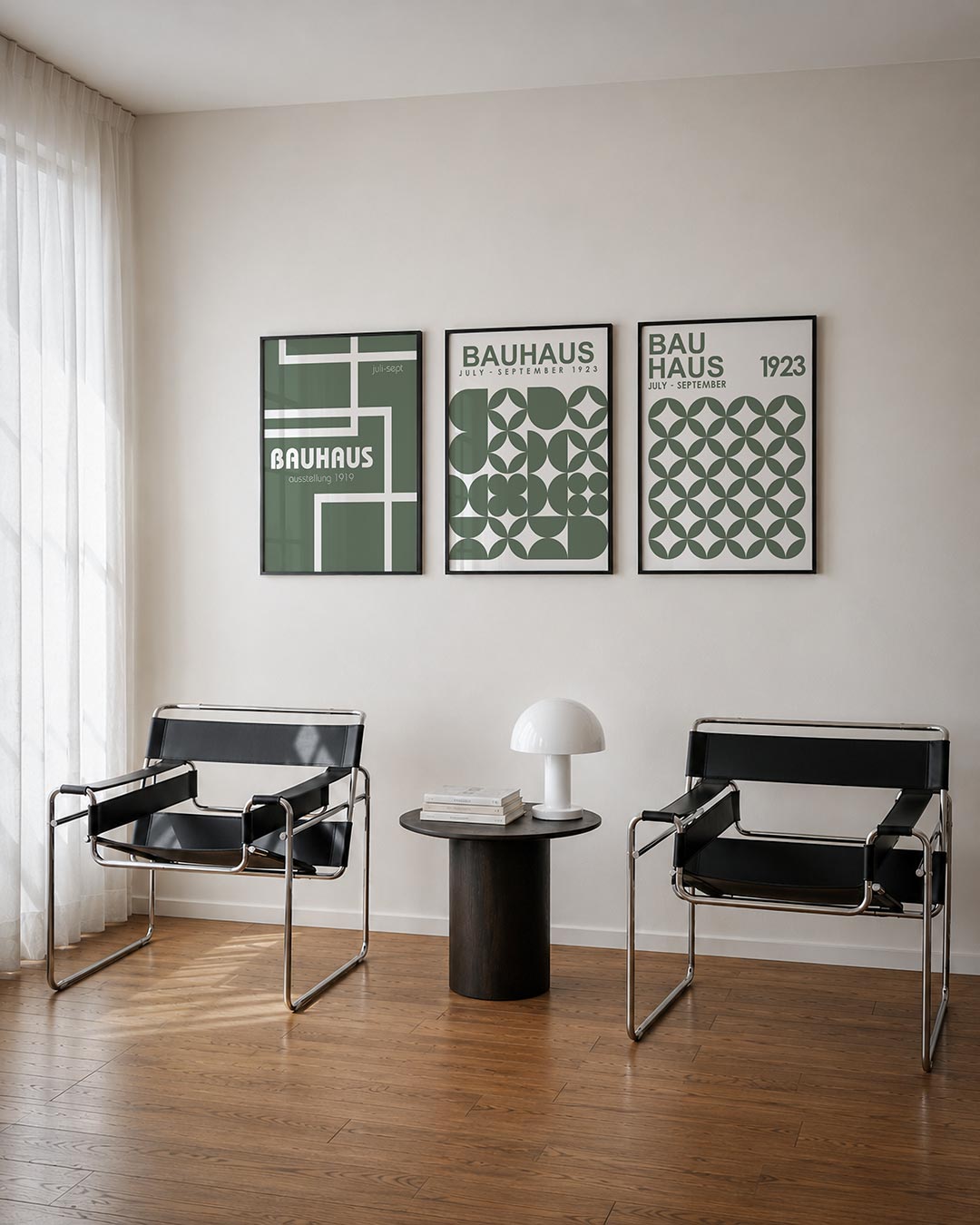 Lijnen en vlakken posterset – tweede productweergave – deze poster toont een spel van witte lijnen op een grijsgroene