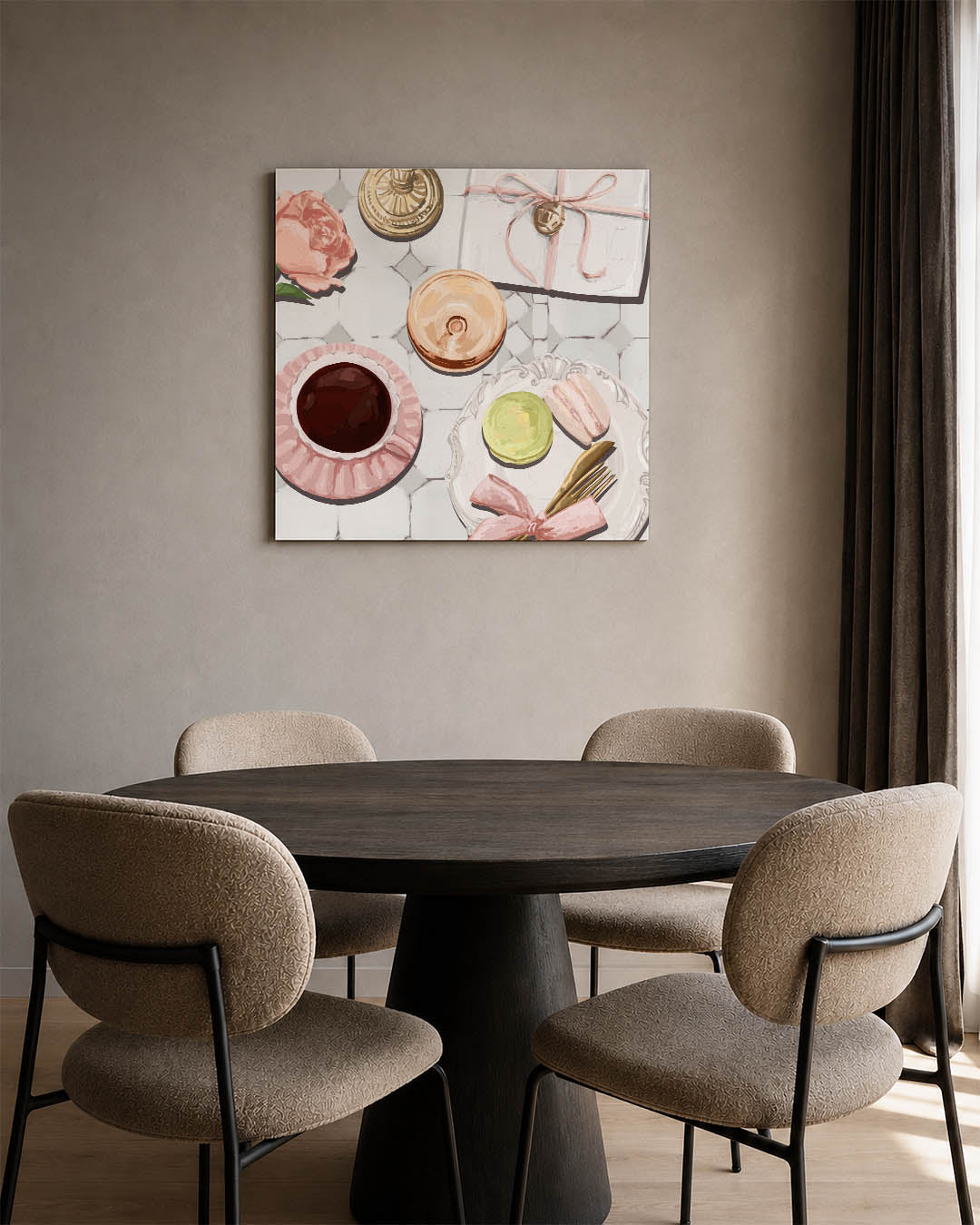Elegante tafelscène kunstwerk – vierkante wanddecoratie – dit werk toont een verfijnde tafelscène met delicate details.