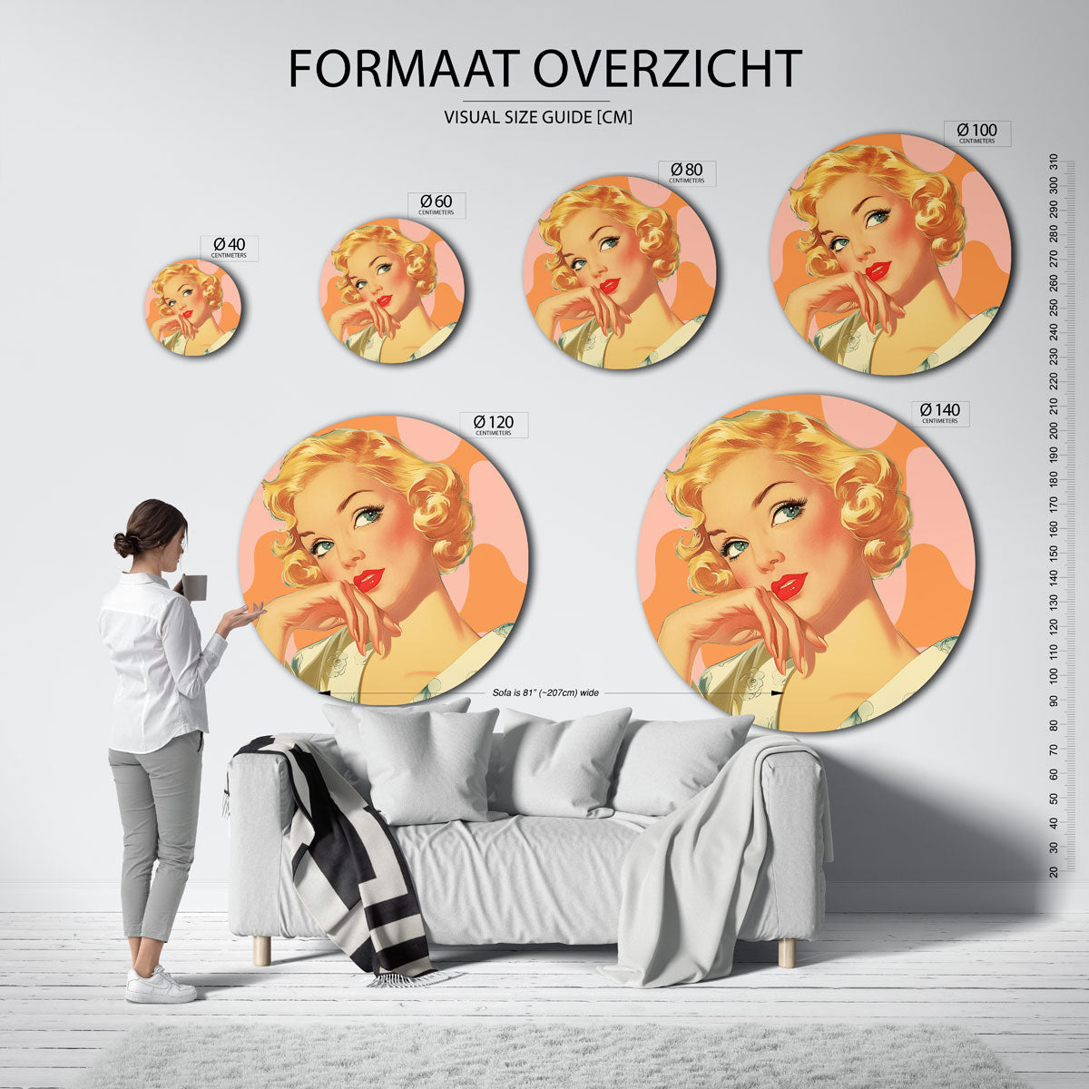 Blonde vrouw – kleurrijke ronde muurdecoratie in Pop Art stijl
