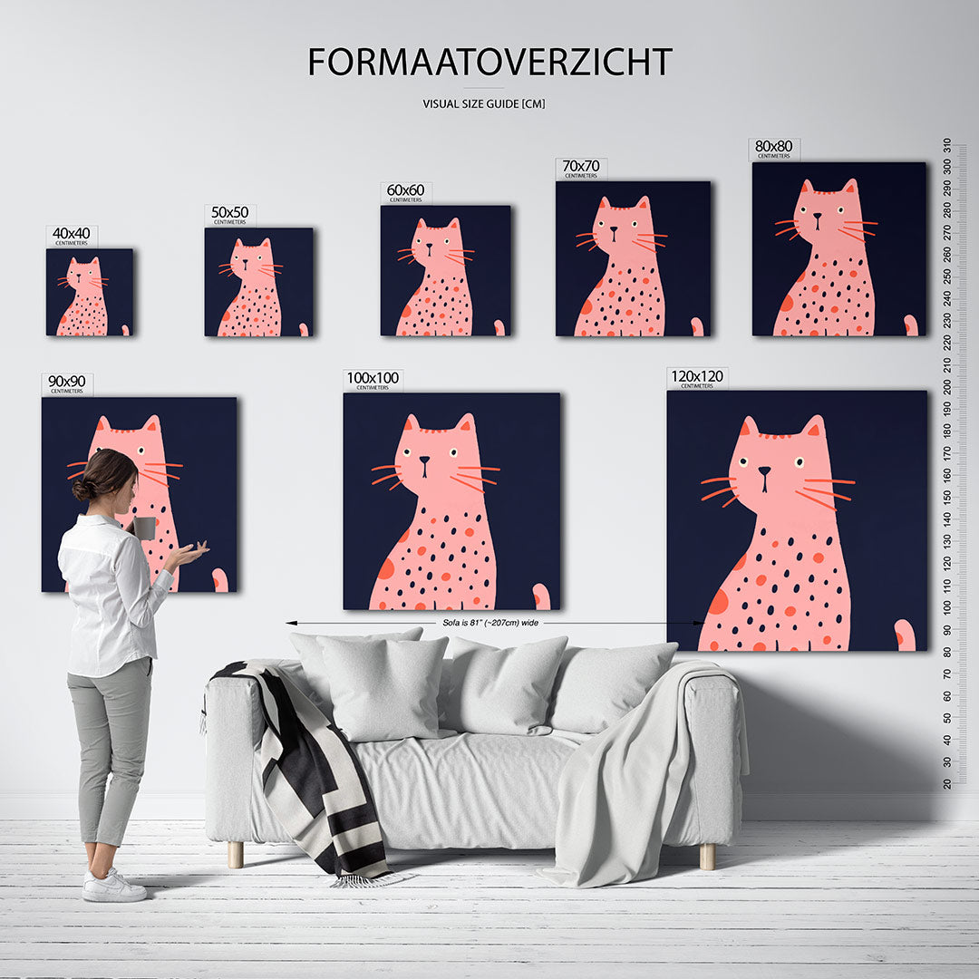 Speelse kat illustratie kunstwerk – sfeerbeeld – dit werk toont een speelse kat met een roze lichaam en oranje accenten tegen