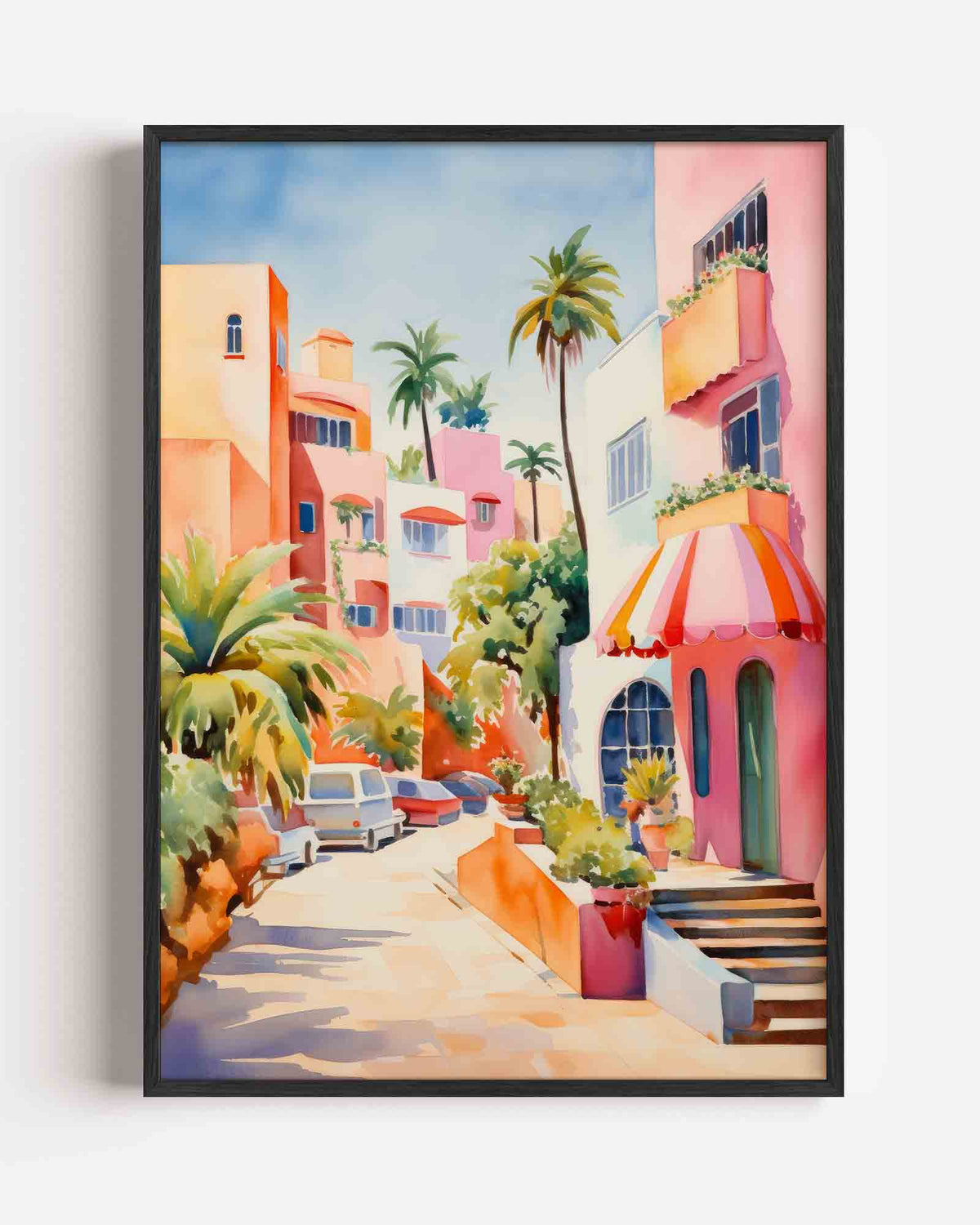 Zonnige straat met palmbomen – keuken portret poster als wanddecoratie