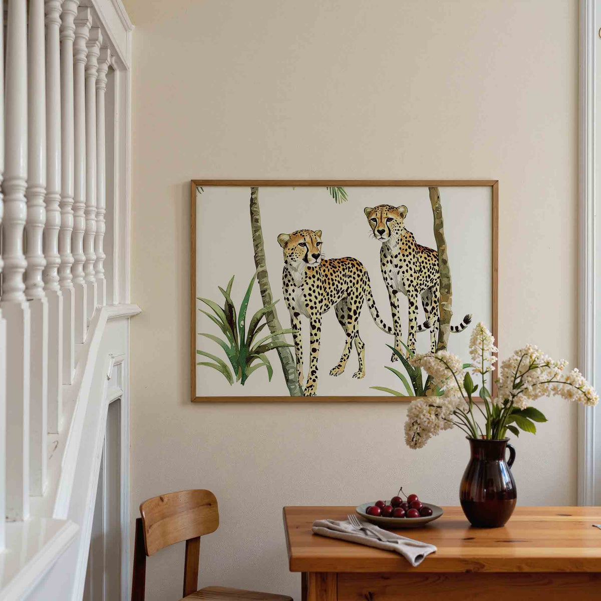 Twee cheeta's tussen palmbomen – tropische poster in liggend formaat