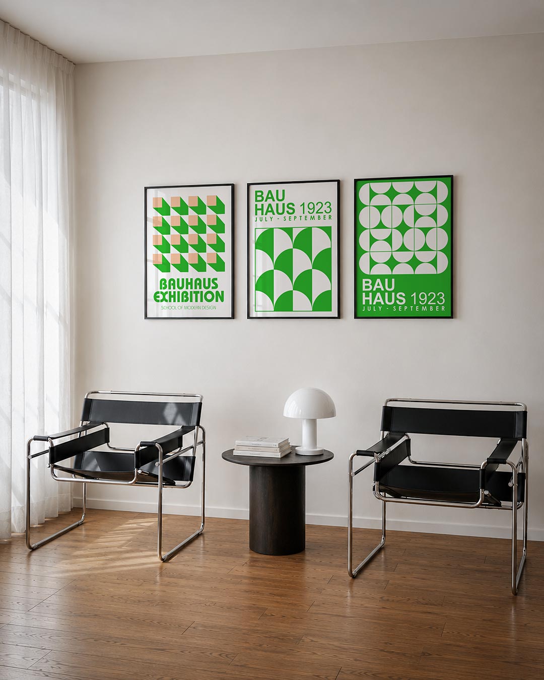 Vorm en schaduw posterset – tweede productweergave – deze posterset in drie delen toont een ritmisch patroon van groene en