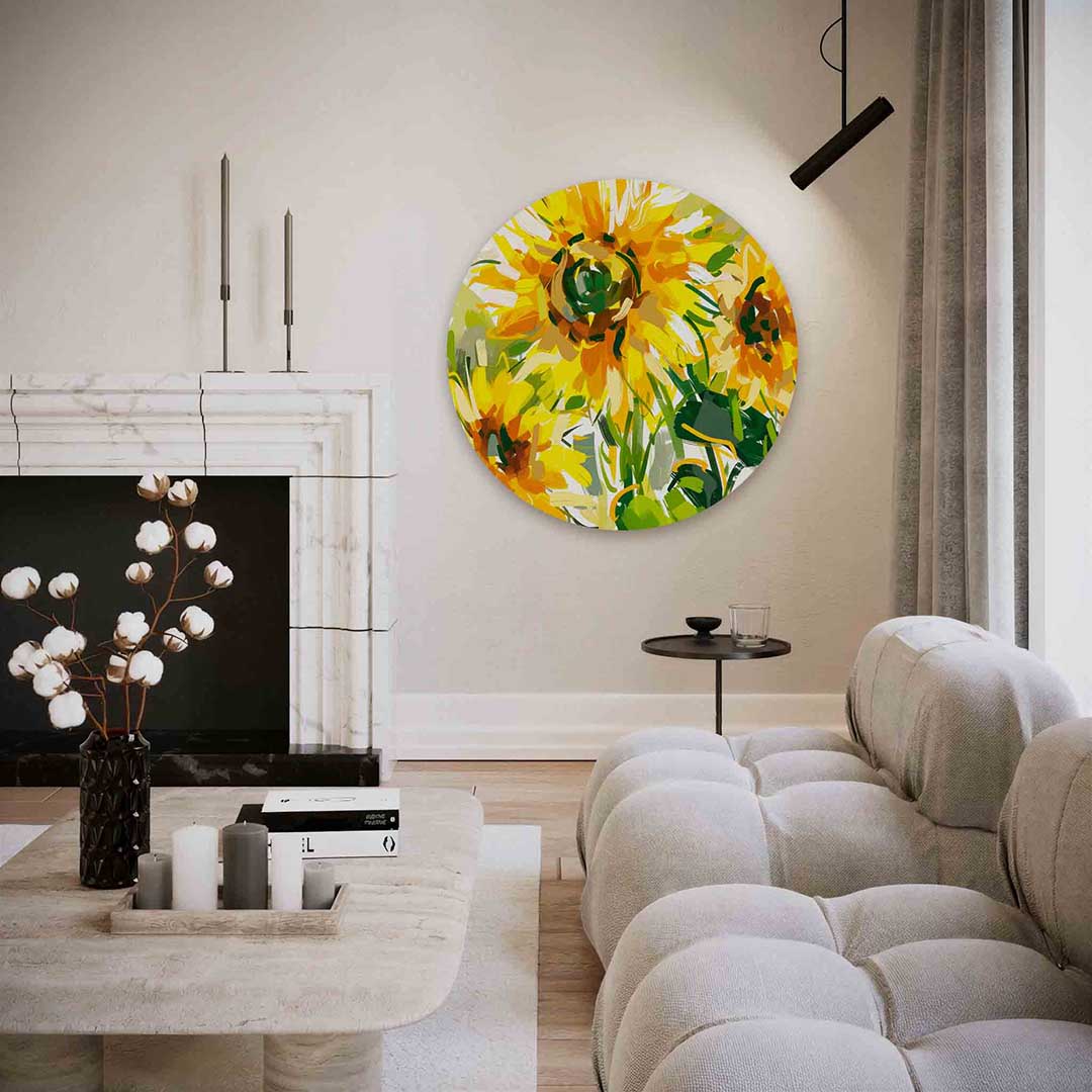 Zonnebloemen – abstracte textuur muurcirkel als wanddecoratie