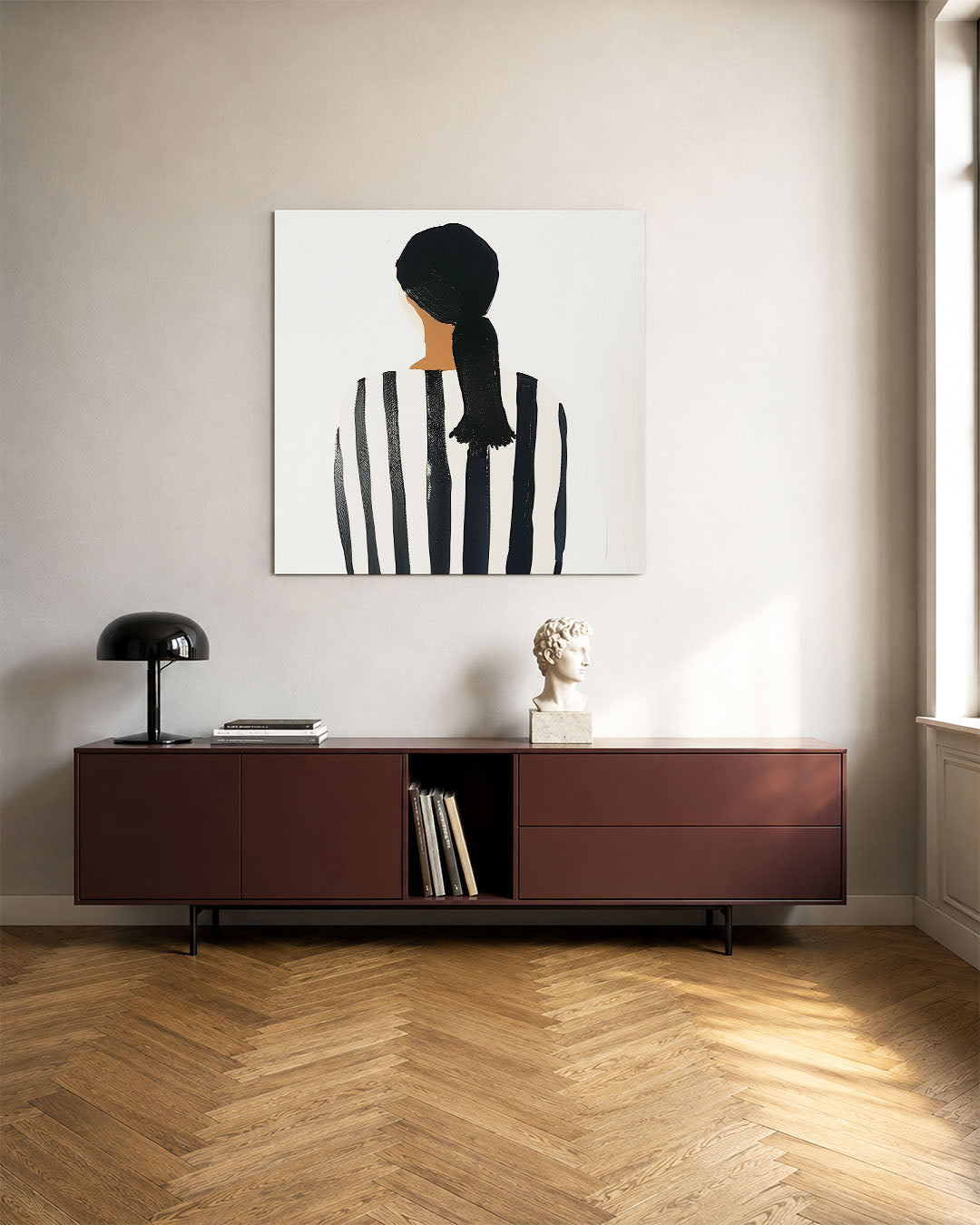Gestreepte rugfiguur kunstwerk – tweede productweergave – dit werk toont een figuur van achteren met een gestreept patroon.