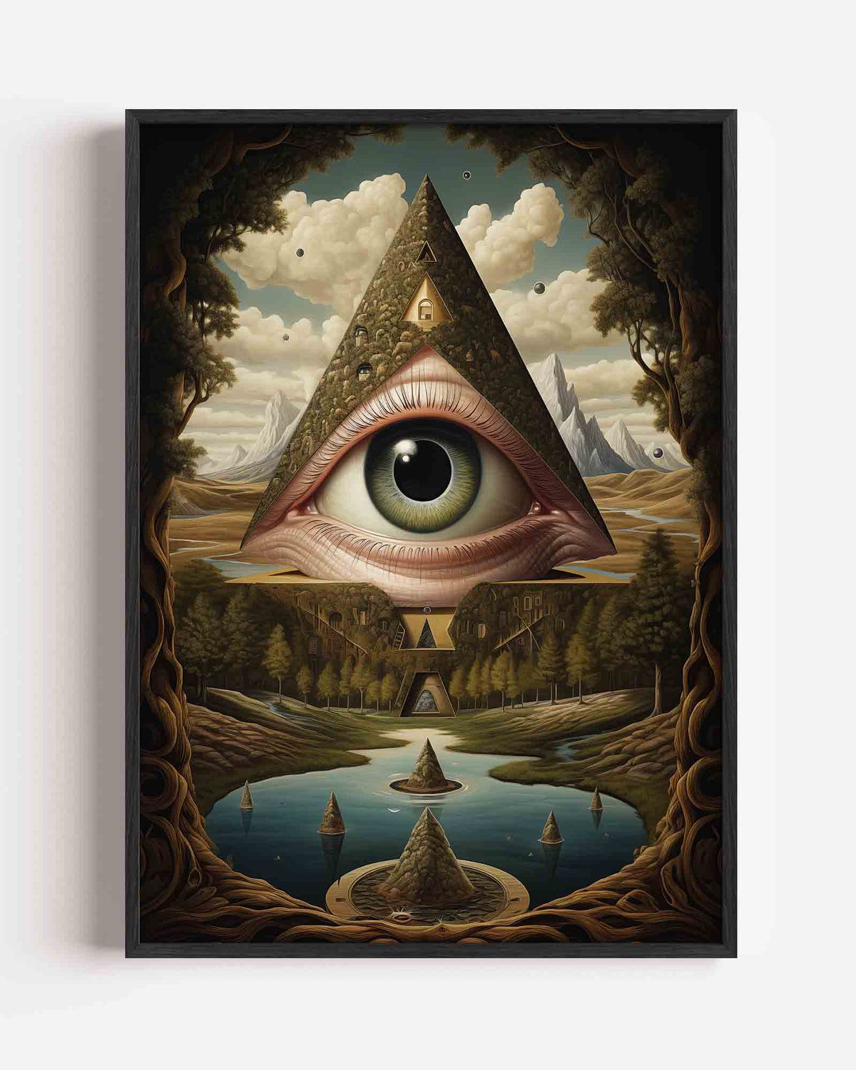 Oog in piramide – surrealistische portret poster als wanddecoratie