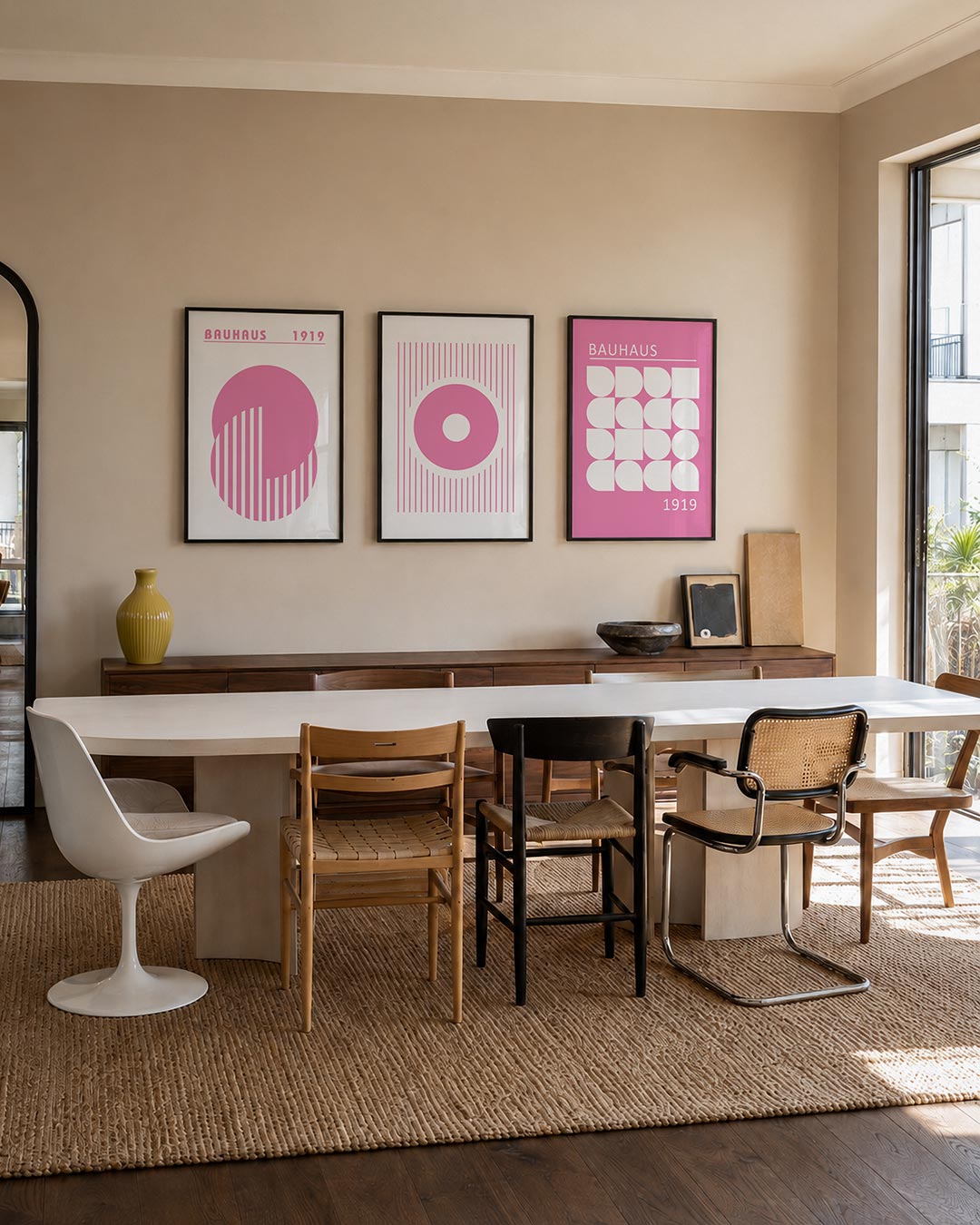 Roze cirkelspel driedelige posterset – deze posterset in drie delen toont een grote roze cirkel met verticale witte strepen