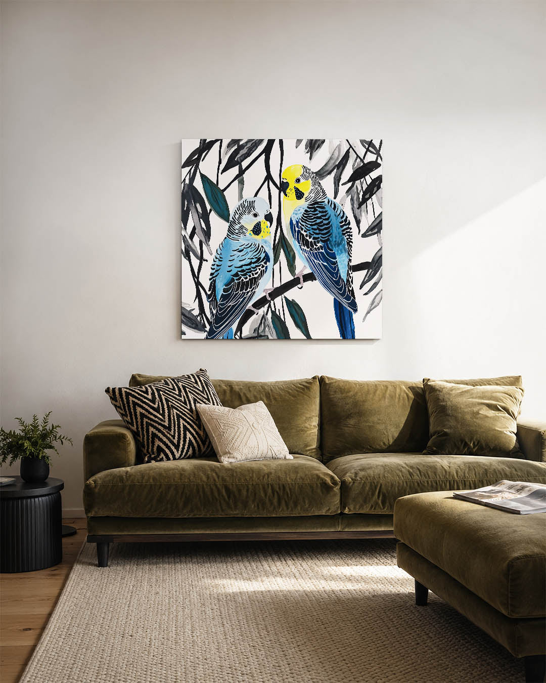 Vogels op tak kunstwerk – sfeerbeeld – twee kleurrijke vogels zitten op een tak, omringd door bladeren. De compositie is