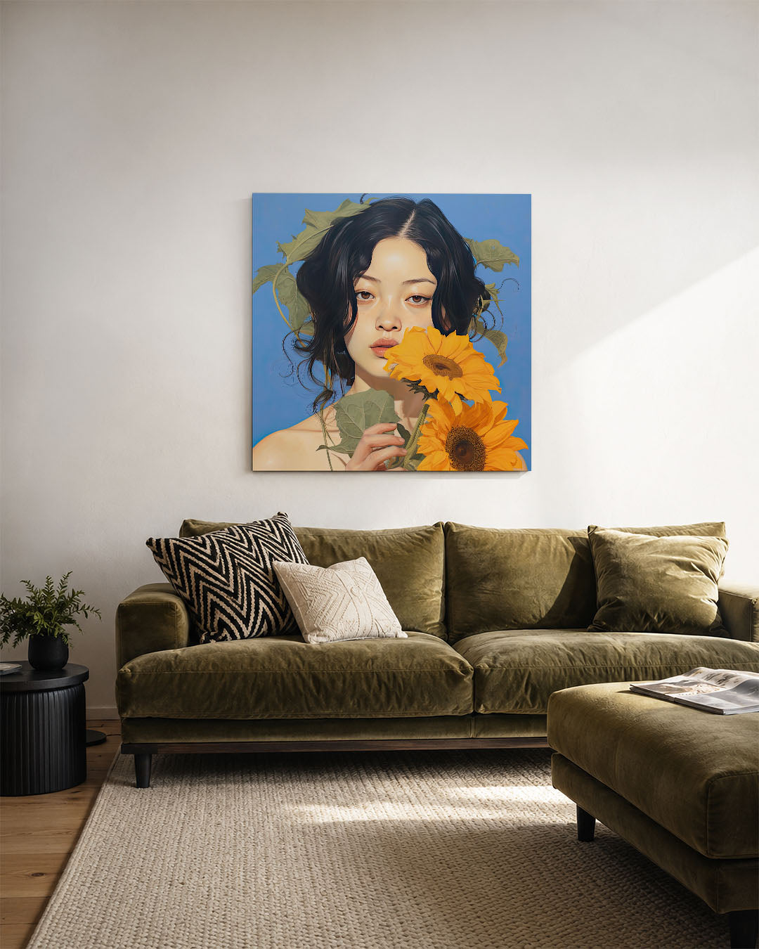 Vrouw met zonnebloemen kunstwerk – derde productweergave – dit werk toont een vrouw met donkere haren en zonnebloemen tegen