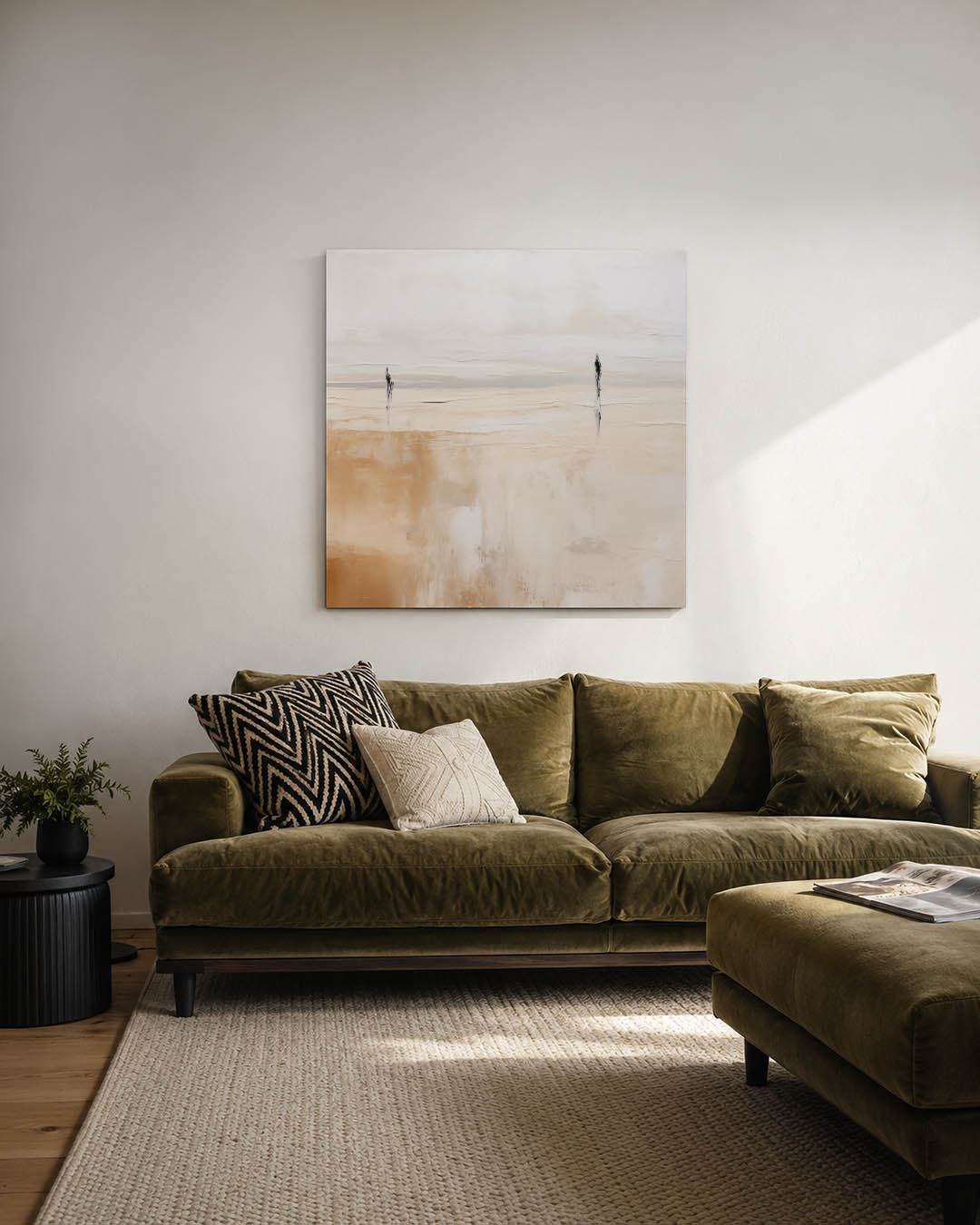 Landschap kunstwerk – derde productweergave – dit werk toont een compositie met zachte overgangen tussen beige en wit. Twee