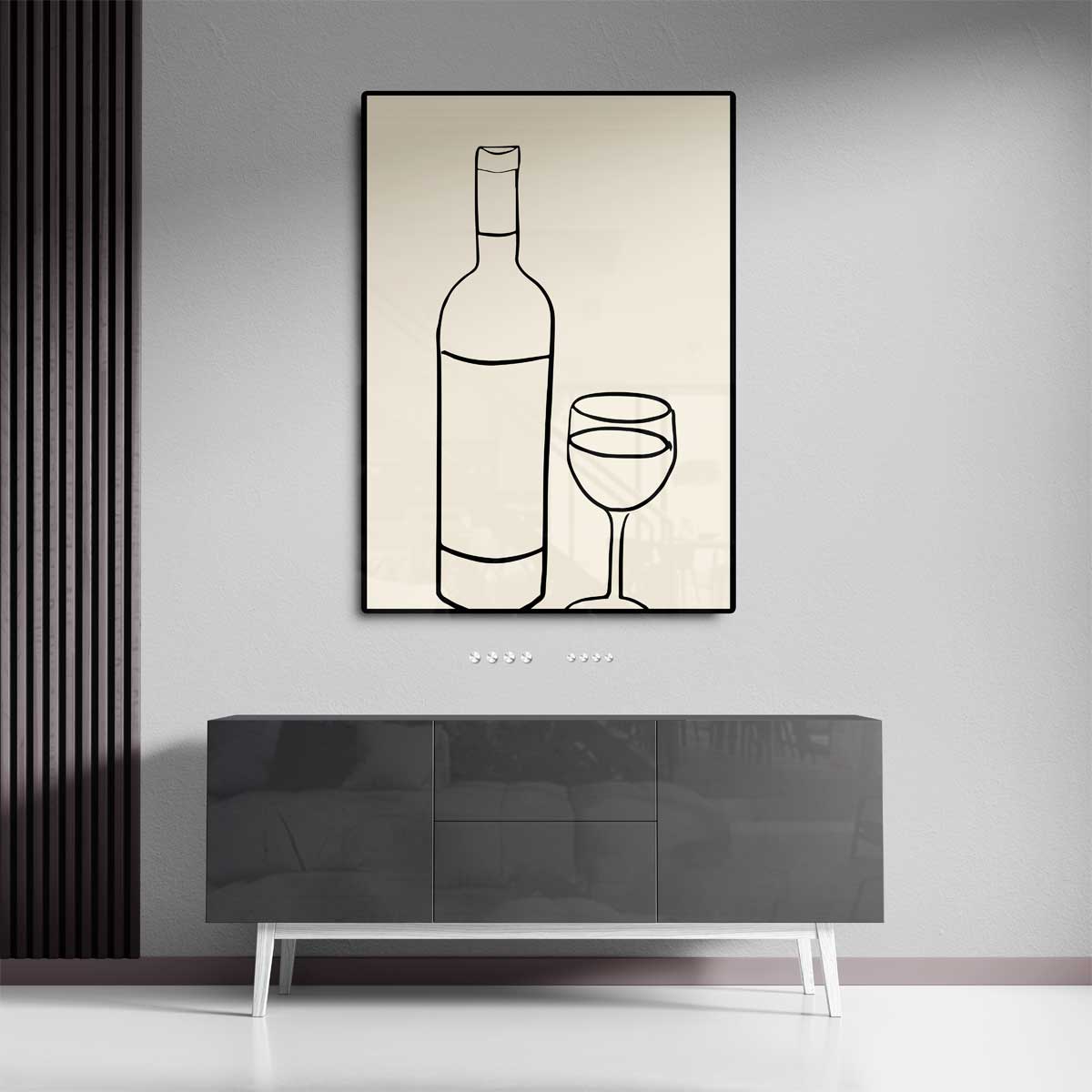 Wijn en Glas Minimalistische Lijntekening – dibond wanddecoratie in staand formaat