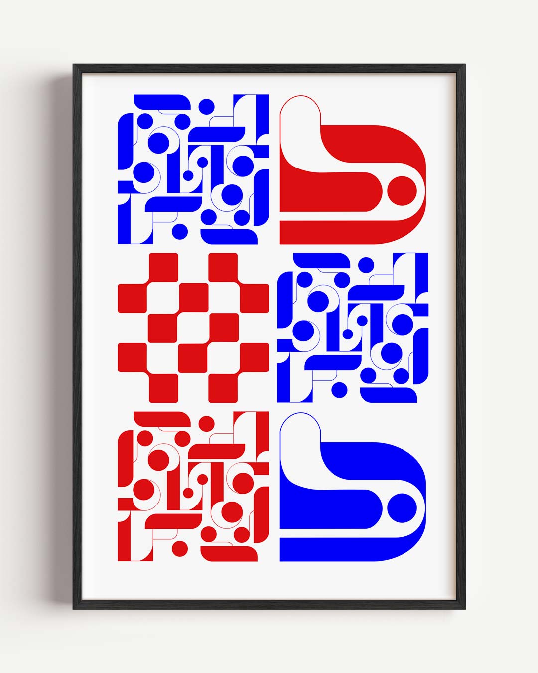 Retro Geometrische Rood-Blauwe – kleurrijke abstracte portret poster als wanddecoratie