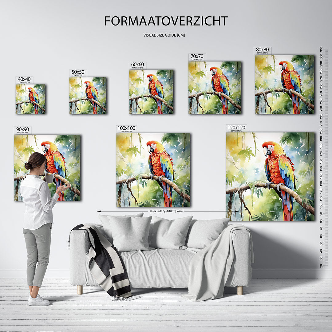 Vrolijke papegaai kunstwerk – dit werk toont een kleurrijke papegaai op een tak, omgeven door weelderig groen. De levendige