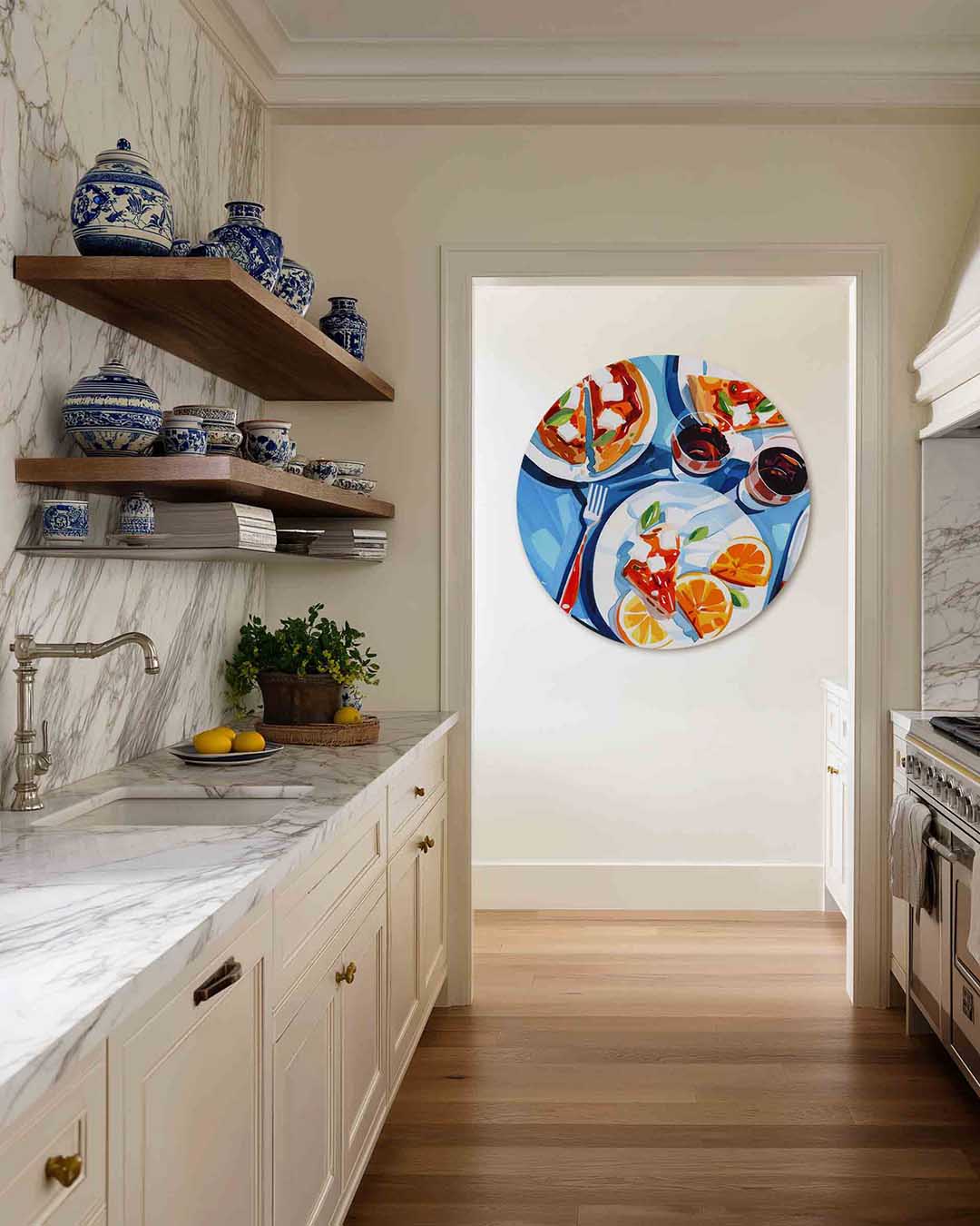 Pizza en sinaasappels – moderne abstracte muurcirkel voor aan de muur