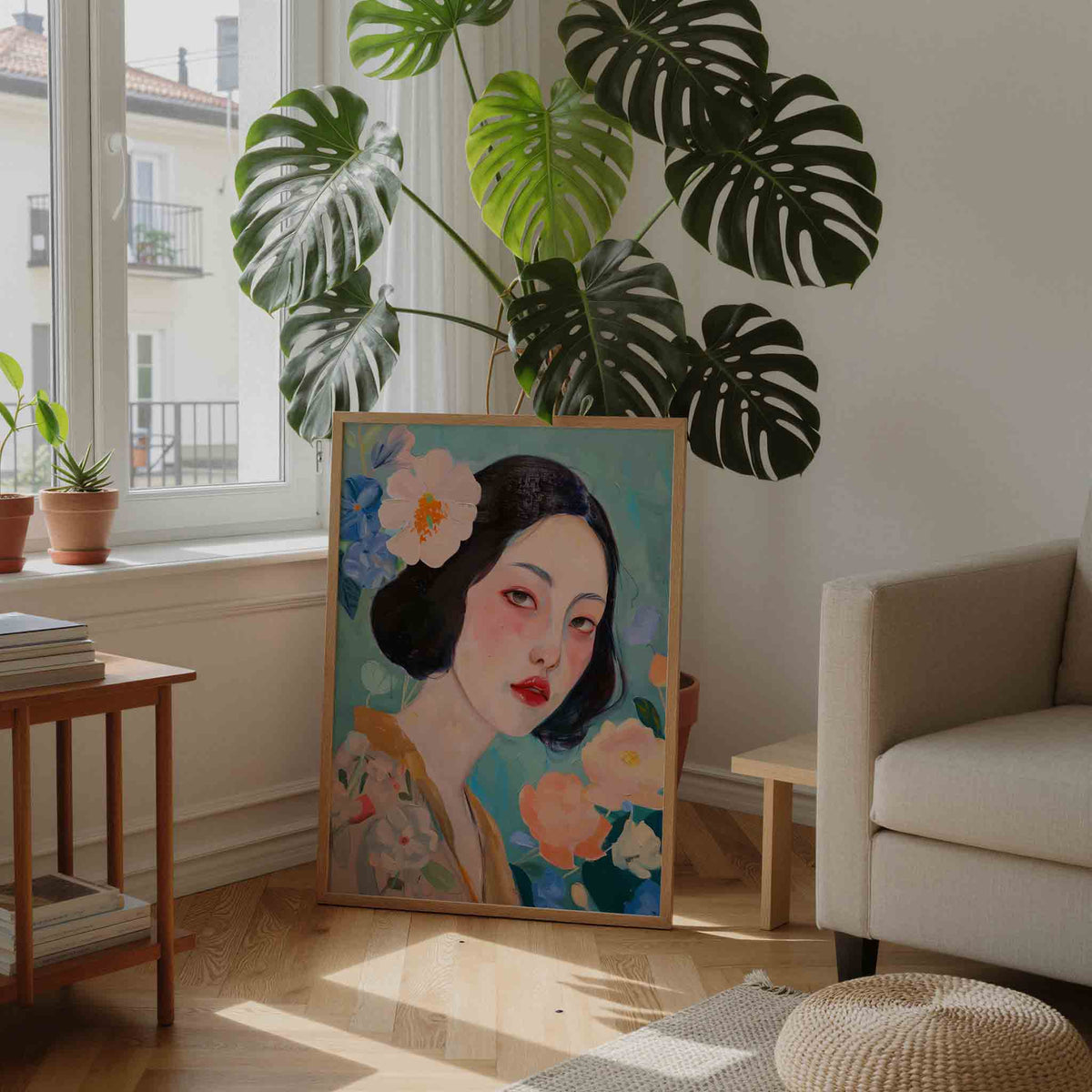 Vrouw met bloemen – moderne illustratie als portret poster