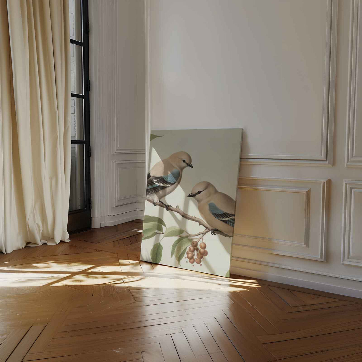 Twee Vogelvriendjes op een Tak – staand kunstwerk voor modern interieur