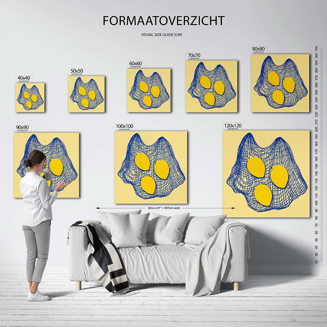 Citroenen in net kunstwerk – sfeerbeeld – dit werk toont drie gele citroenen gevangen in een blauw net tegen een beige