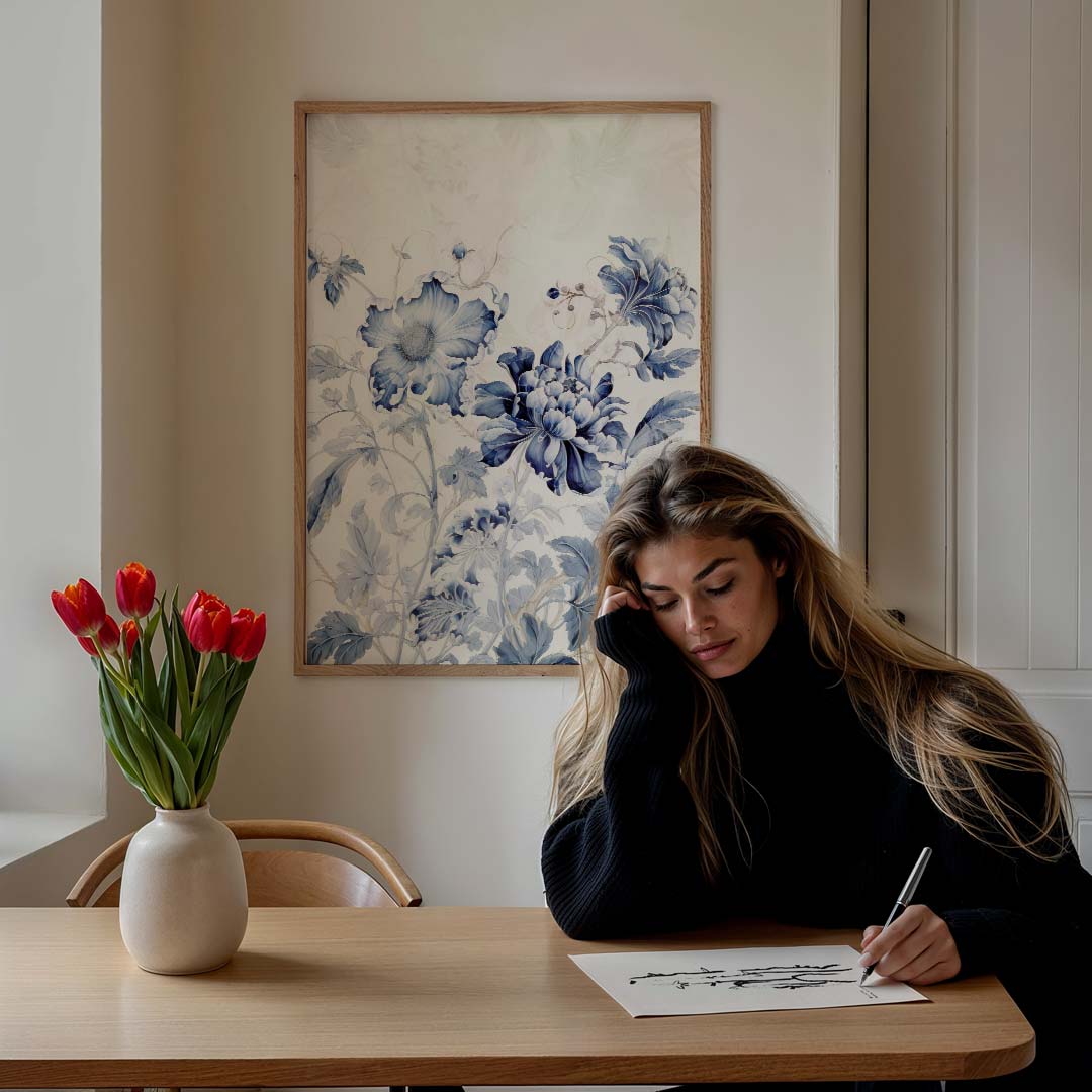 Blauwe Bloemenpracht – bloemen poster in staand formaat
