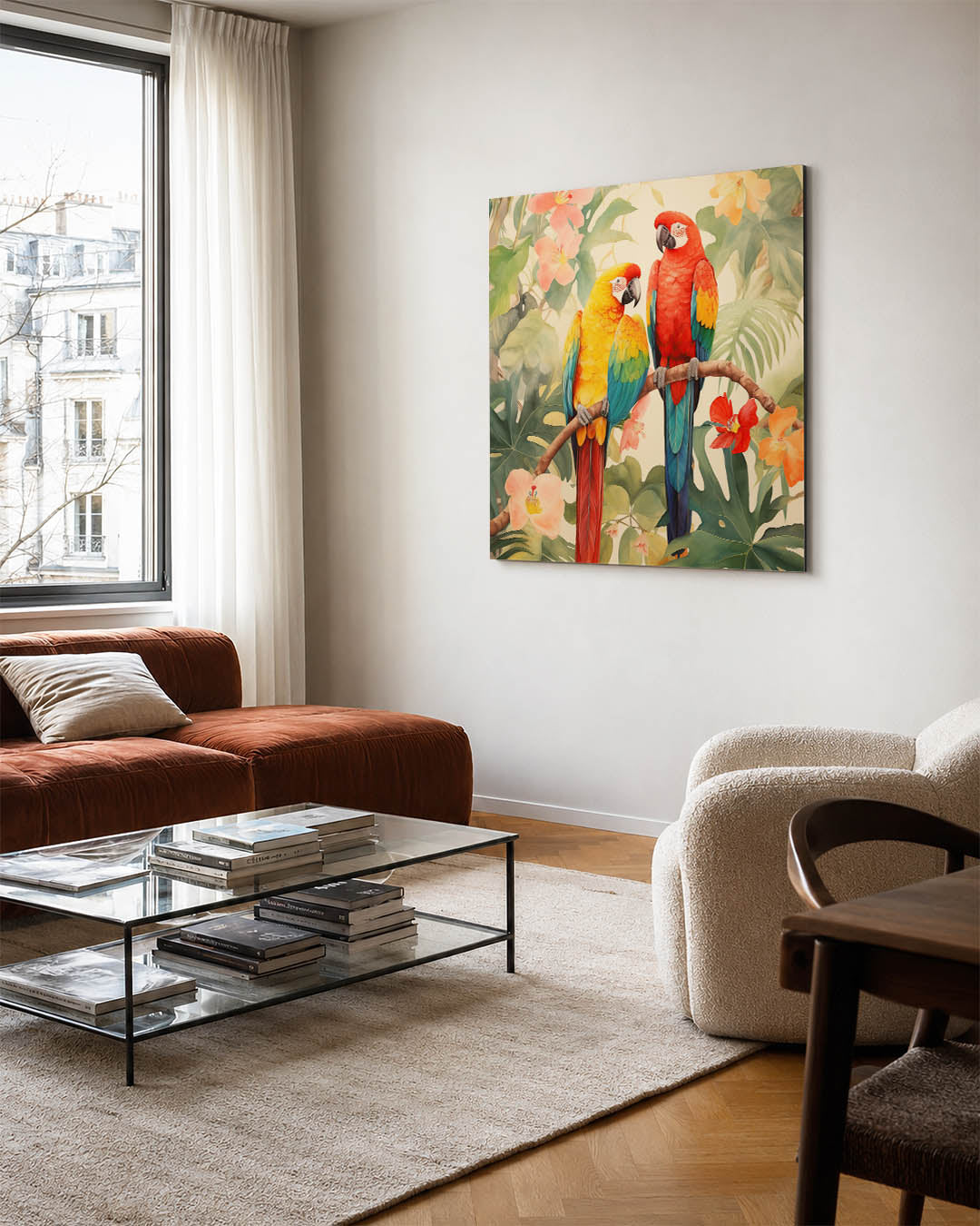 Tropische papegaaien kunstwerk – vierkante wanddecoratie – dit kunstwerk toont twee kleurrijke papegaaien op een tak, omringd