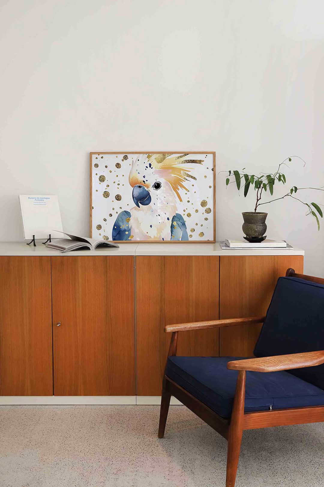 Papegaai met gouden stippen – liggende dieren wanddecoratie van WallArtistic