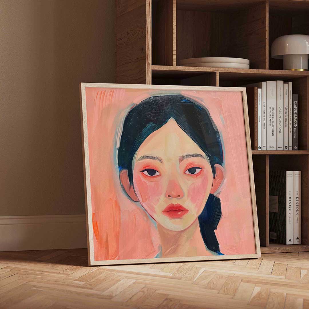 Portret met roze achtergrond – moderne wandkunst als vierkante poster