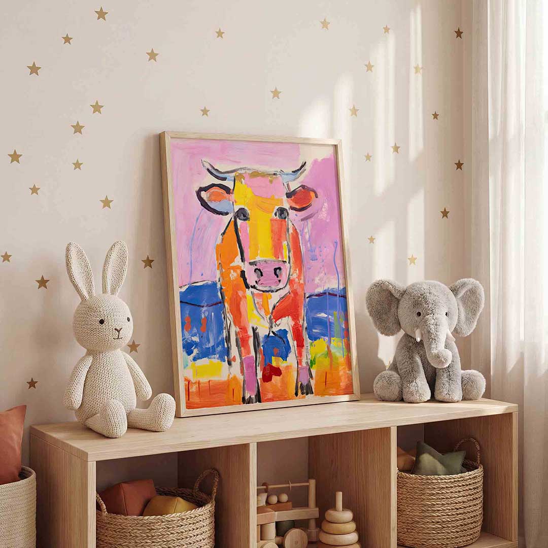 Kleurrijke koe – staande kinderkamer wanddecoratie van WallArtistic