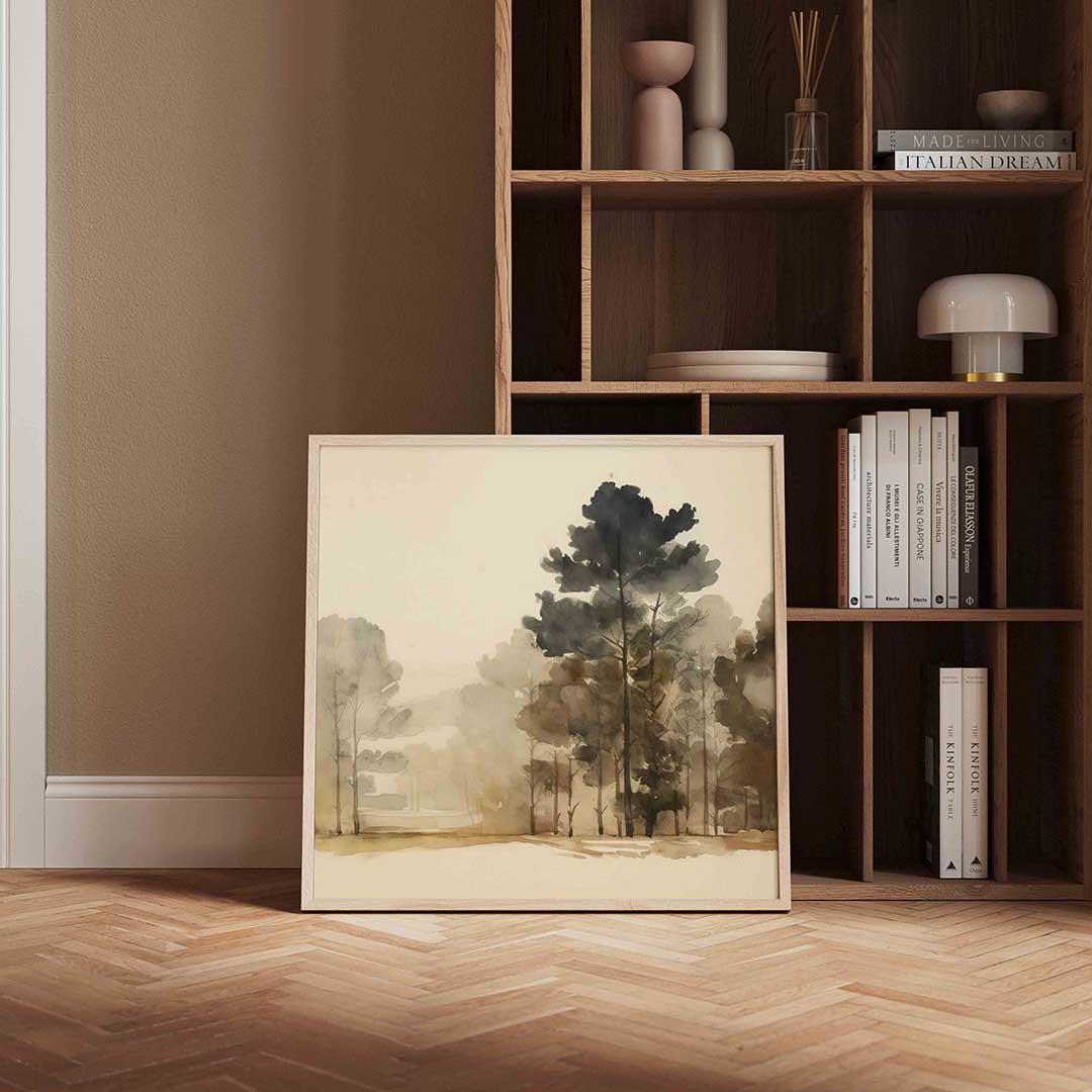 Bomen in mist – vierkante vintage wanddecoratie van WallArtistic