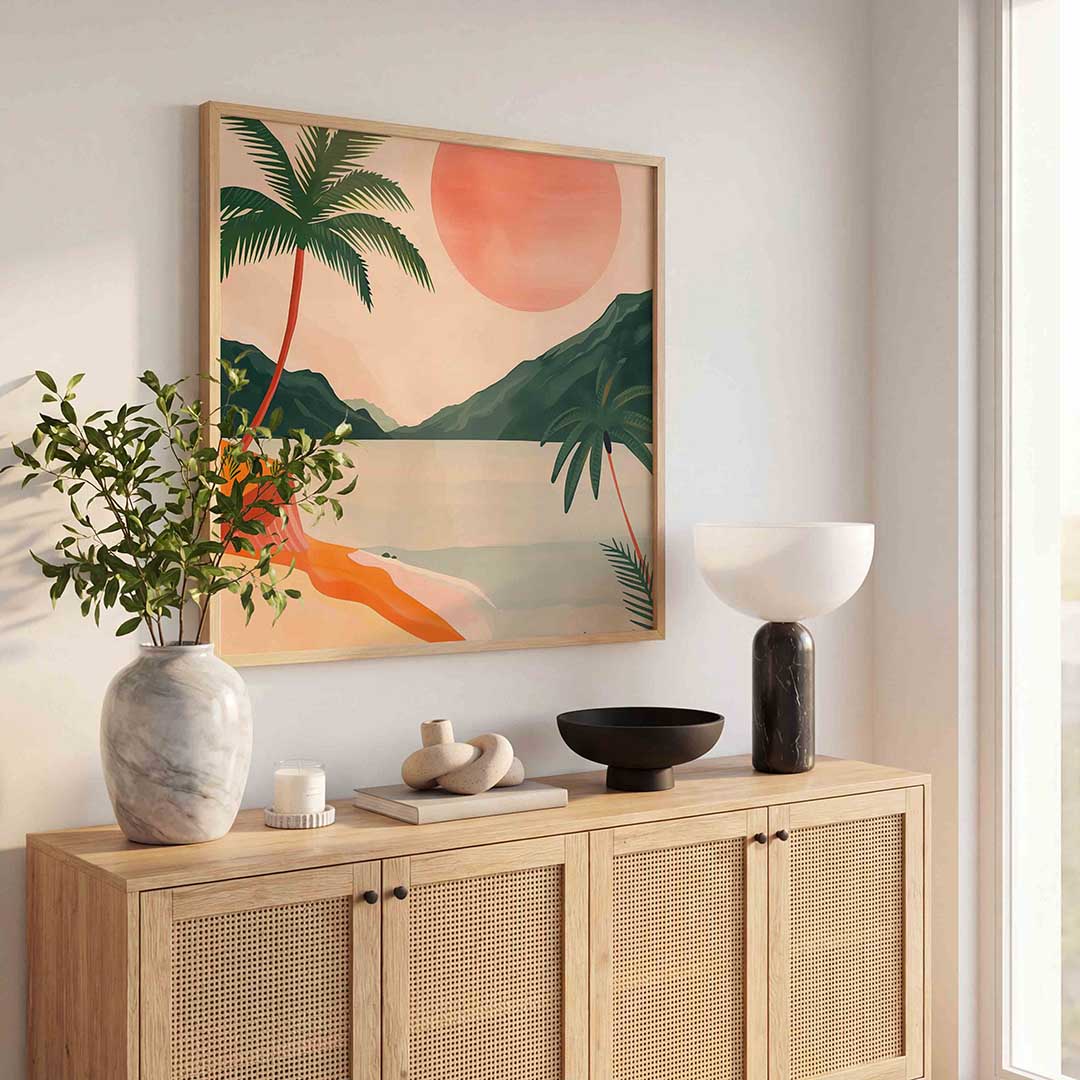 Palmboom en zonsondergang – kunst en design poster in vierkant formaat
