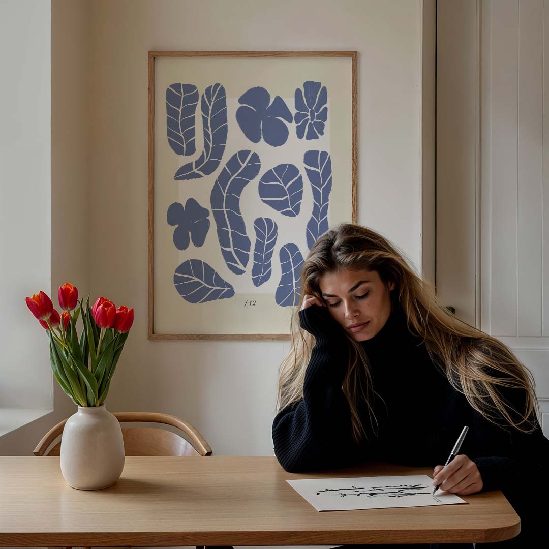 Botanische Blauwe Bladeren – bloemen poster in staand formaat