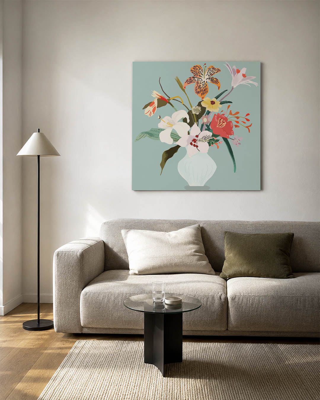 Bloemen in vaas kunstwerk – detailweergave – dit werk toont een kleurrijk boeket bloemen in een vaas, met een balans van