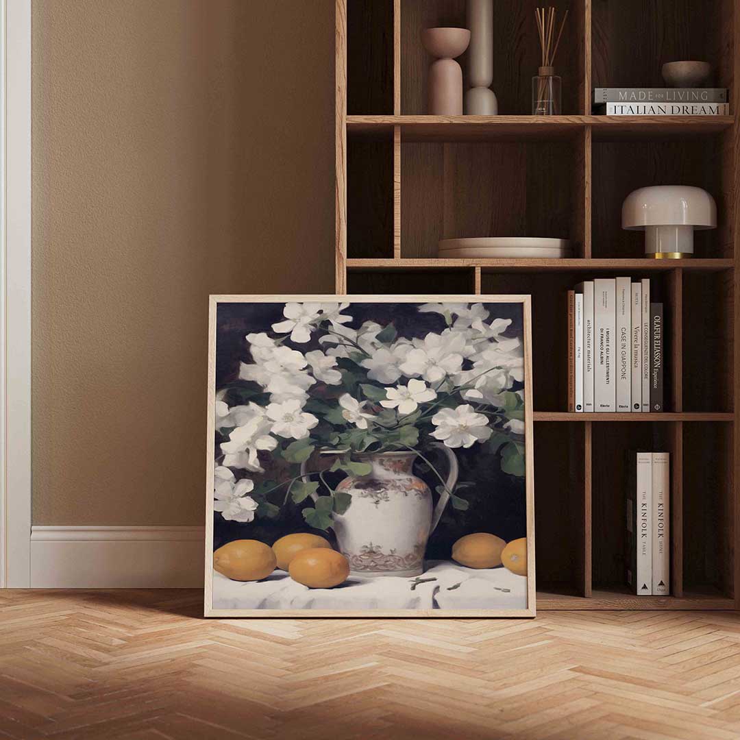 Bloemen en citroenen – vierkante vintage wanddecoratie van WallArtistic