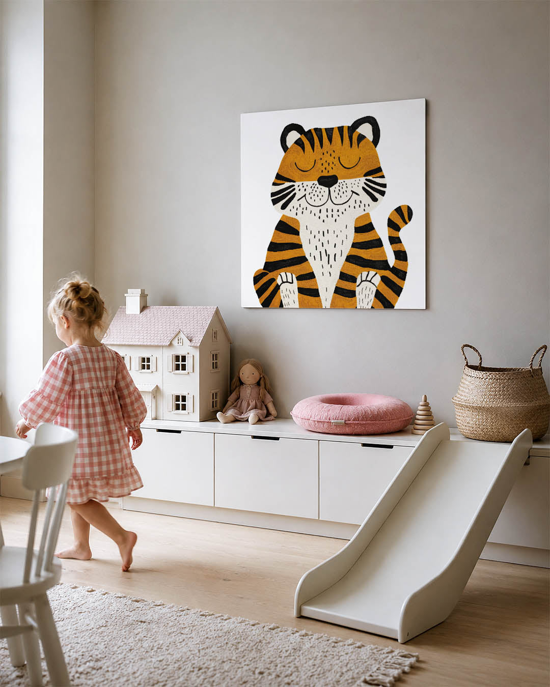 Vrolijke tijger illustratie kunstwerk – tweede productweergave – dit werk toont een vrolijke tijger met gesloten ogen. De