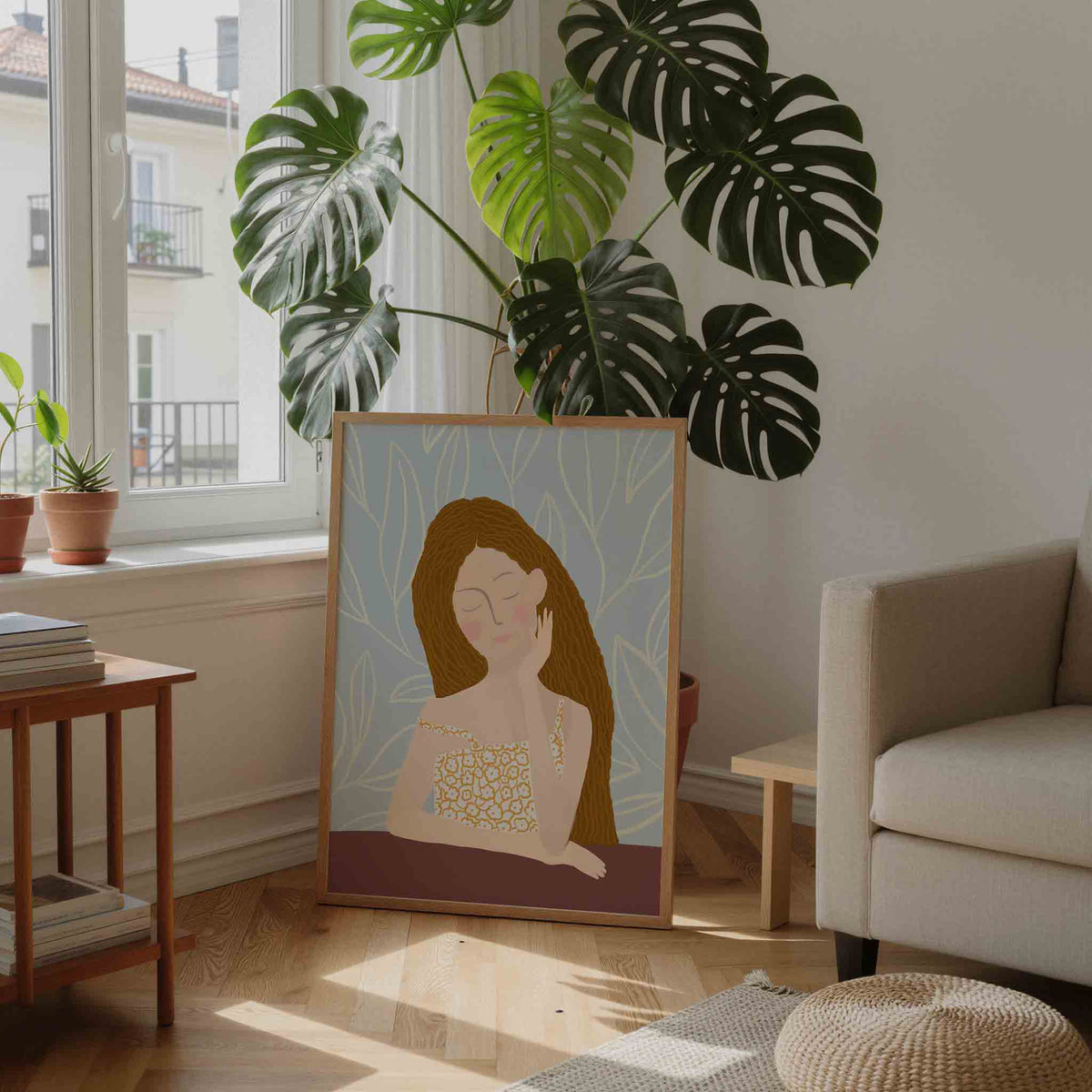 Vrouw met bloemenjurk – moderne illustratie als portret poster