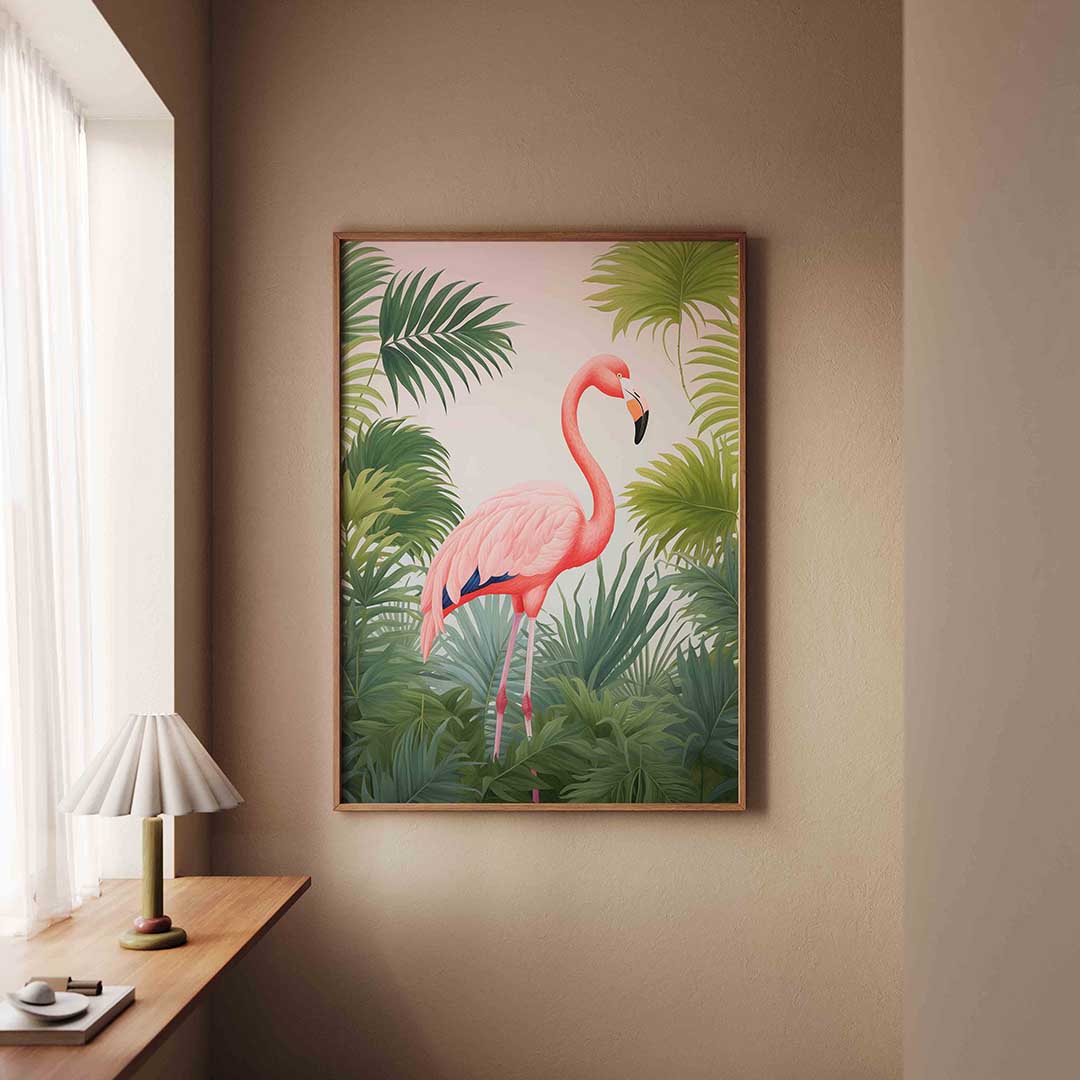 Flamingo tussen bladeren – staande jungle wanddecoratie van WallArtistic