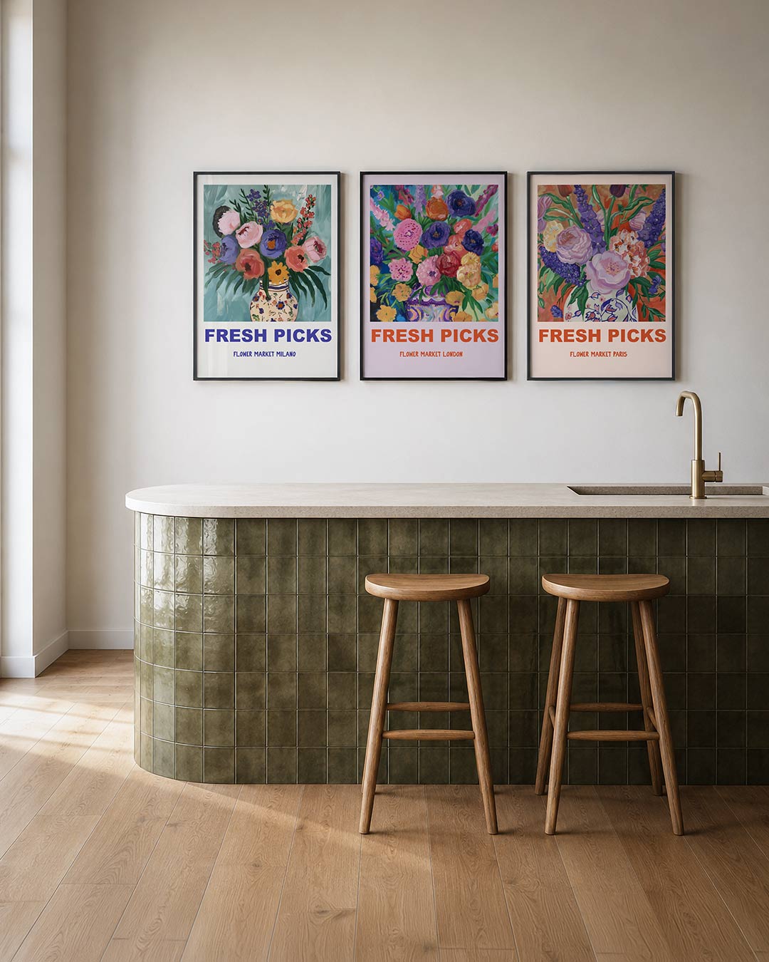 Bloemrijke expressie posterset – tweede productweergave – een kleurrijk boeket in een vaas, met levendige