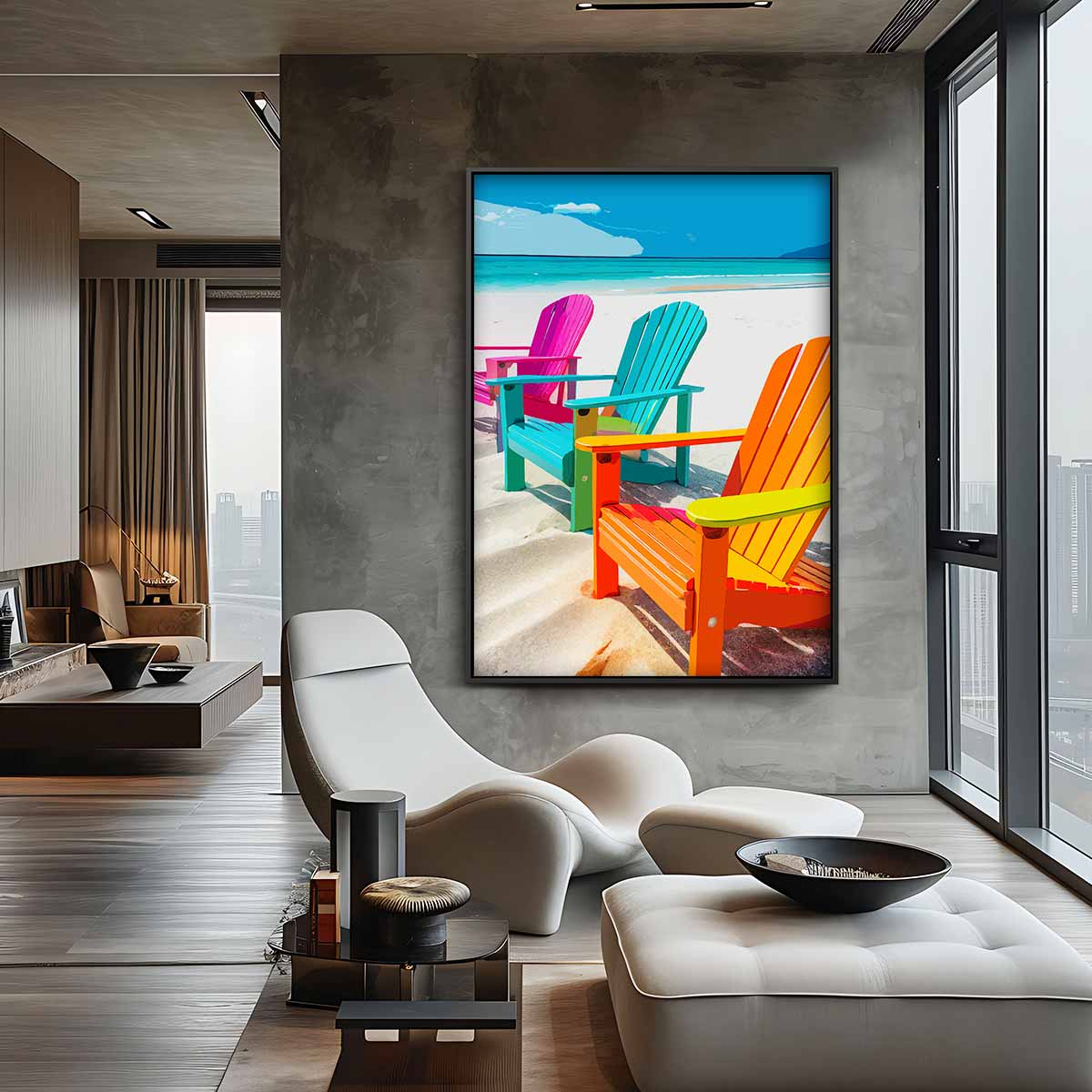 Kleurrijke Strandstoelen aan Zee – canvas wanddecoratie in portret formaat