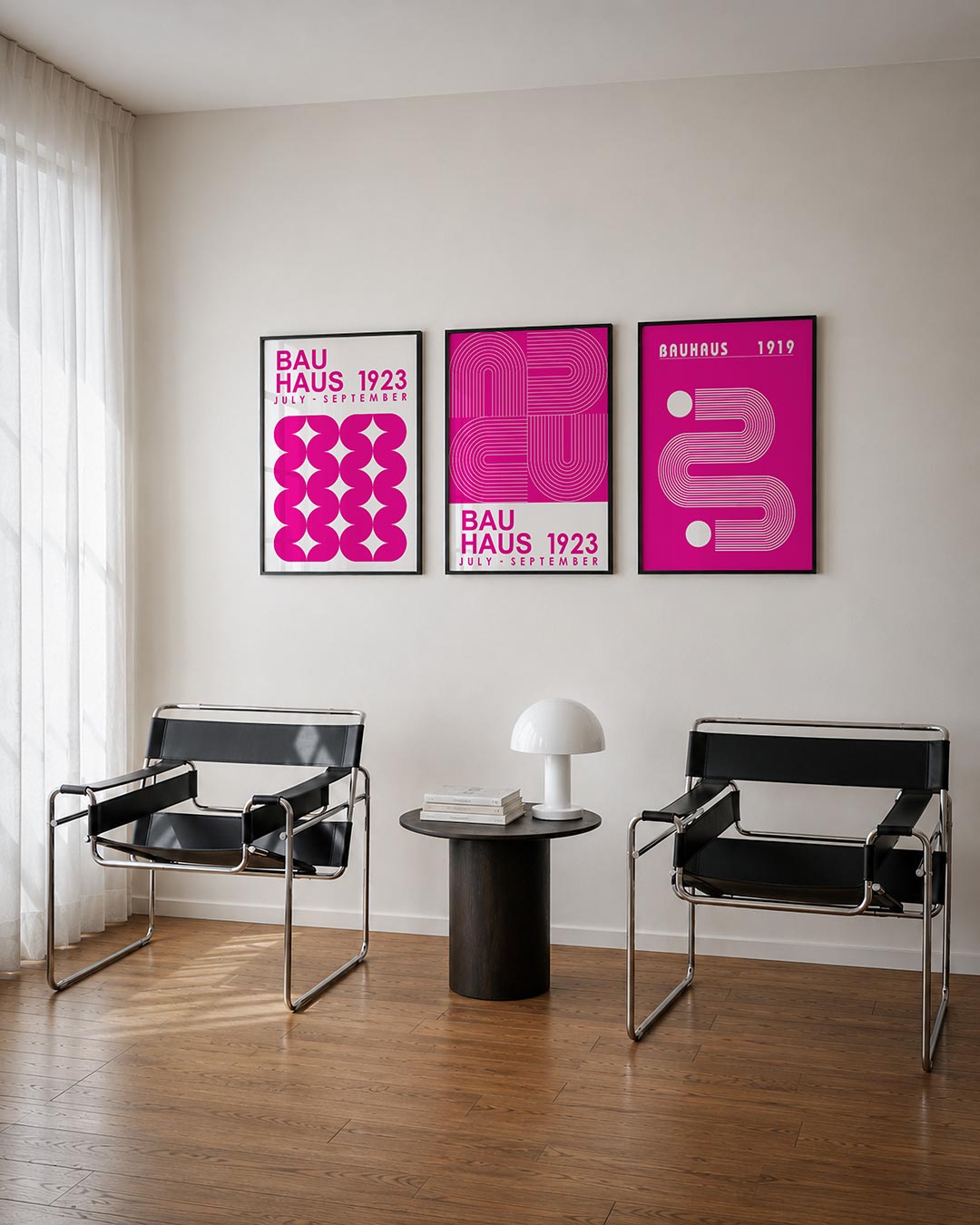Vorm en ritme posterset – tweede productweergave – deze posterset in drie delen toont levendige roze vormen die elkaar