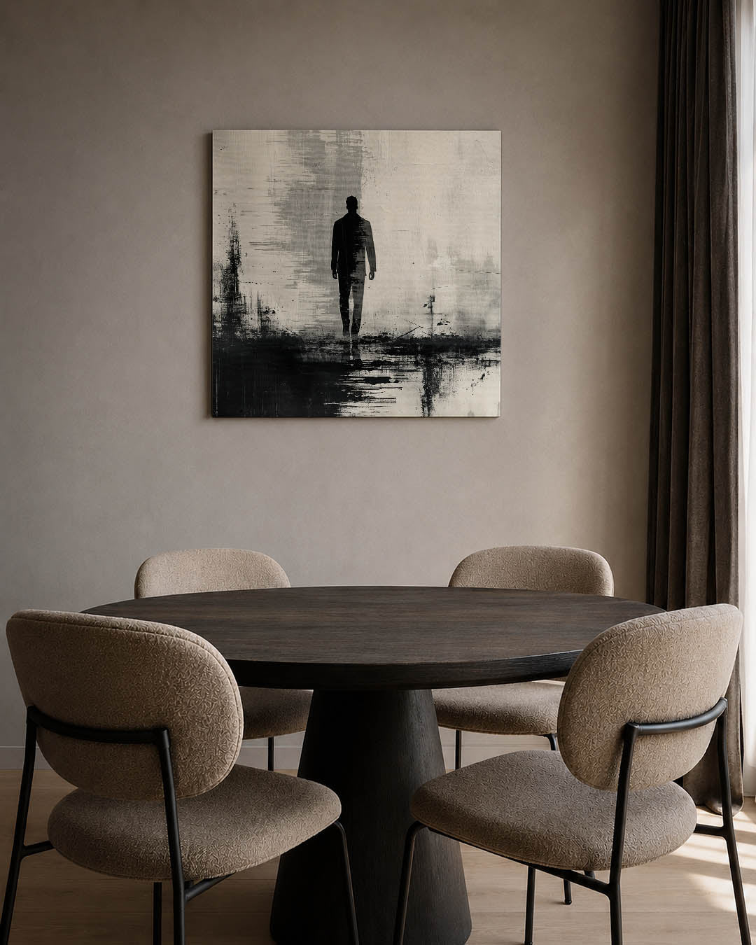 Stille reflectie kunstwerk – tweede productweergave – dit kunstwerk toont een silhouet van een wandelende figuur tegen een