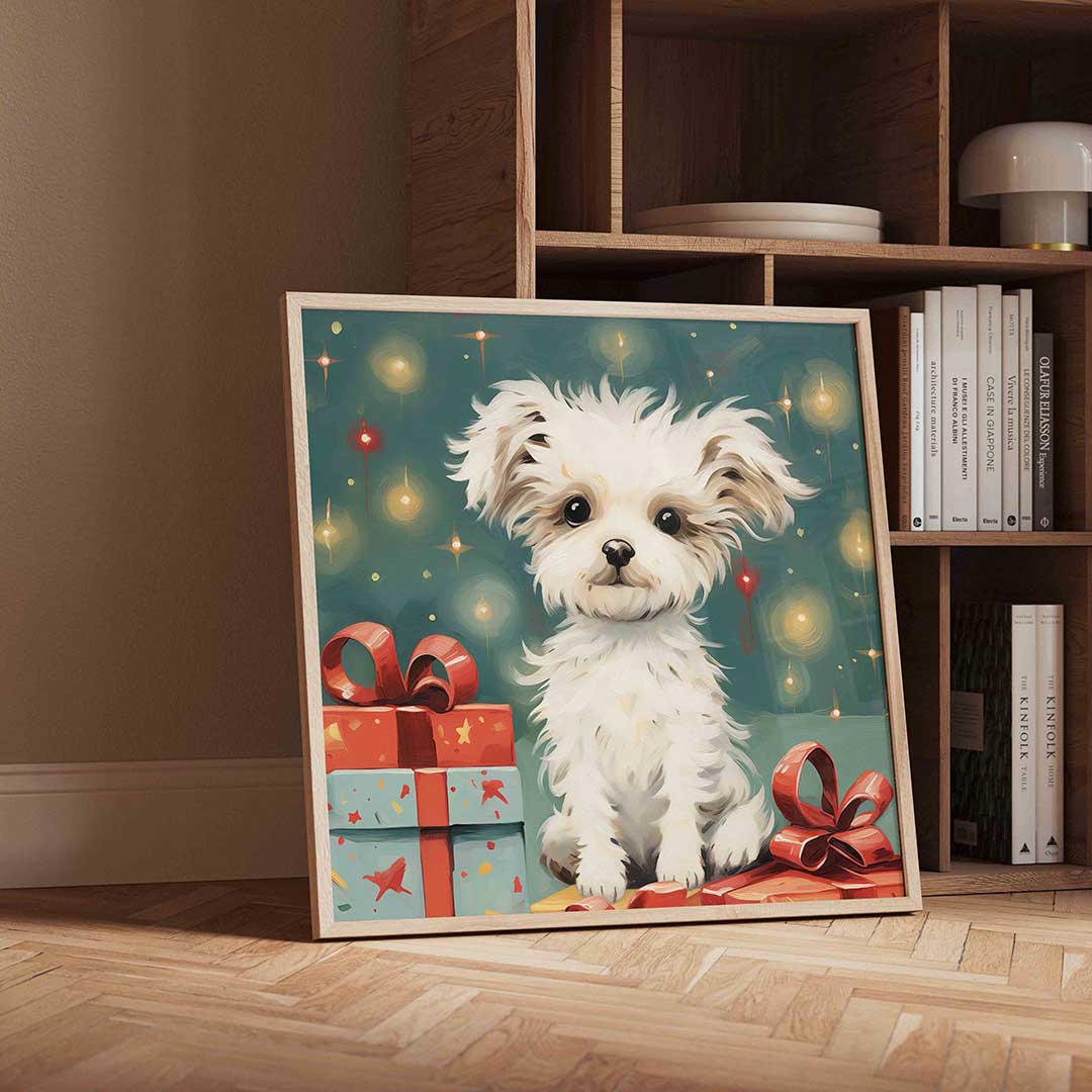 Schattige hond met cadeaus – vierkante kerst wanddecoratie van WallArtistic