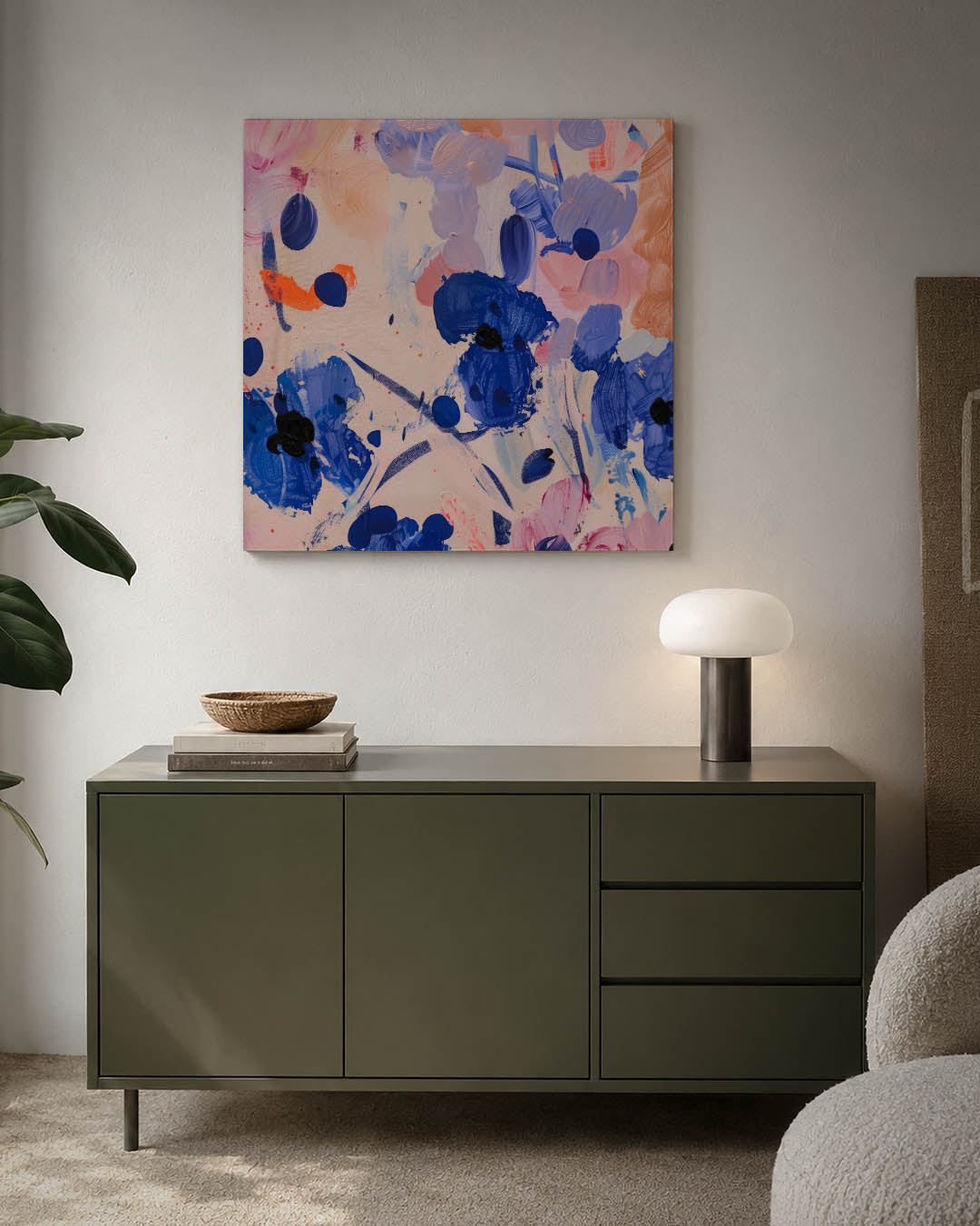 Dynamische kleurenexplosie kunstwerk – detailweergave – dit werk toont een levendige mix van blauwe en oranje vegen