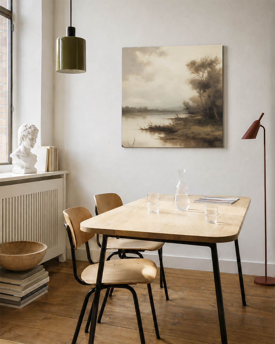 Rustig landschap kunstwerk – detailweergave – dit kunstwerk toont een sereen landschap met zachte kleuren en een rustige