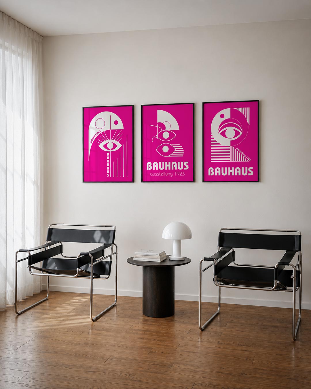 Oog en lijnen posterset – tweede productweergave – een felroze achtergrond met witte geometrische vormen. Een groot oog